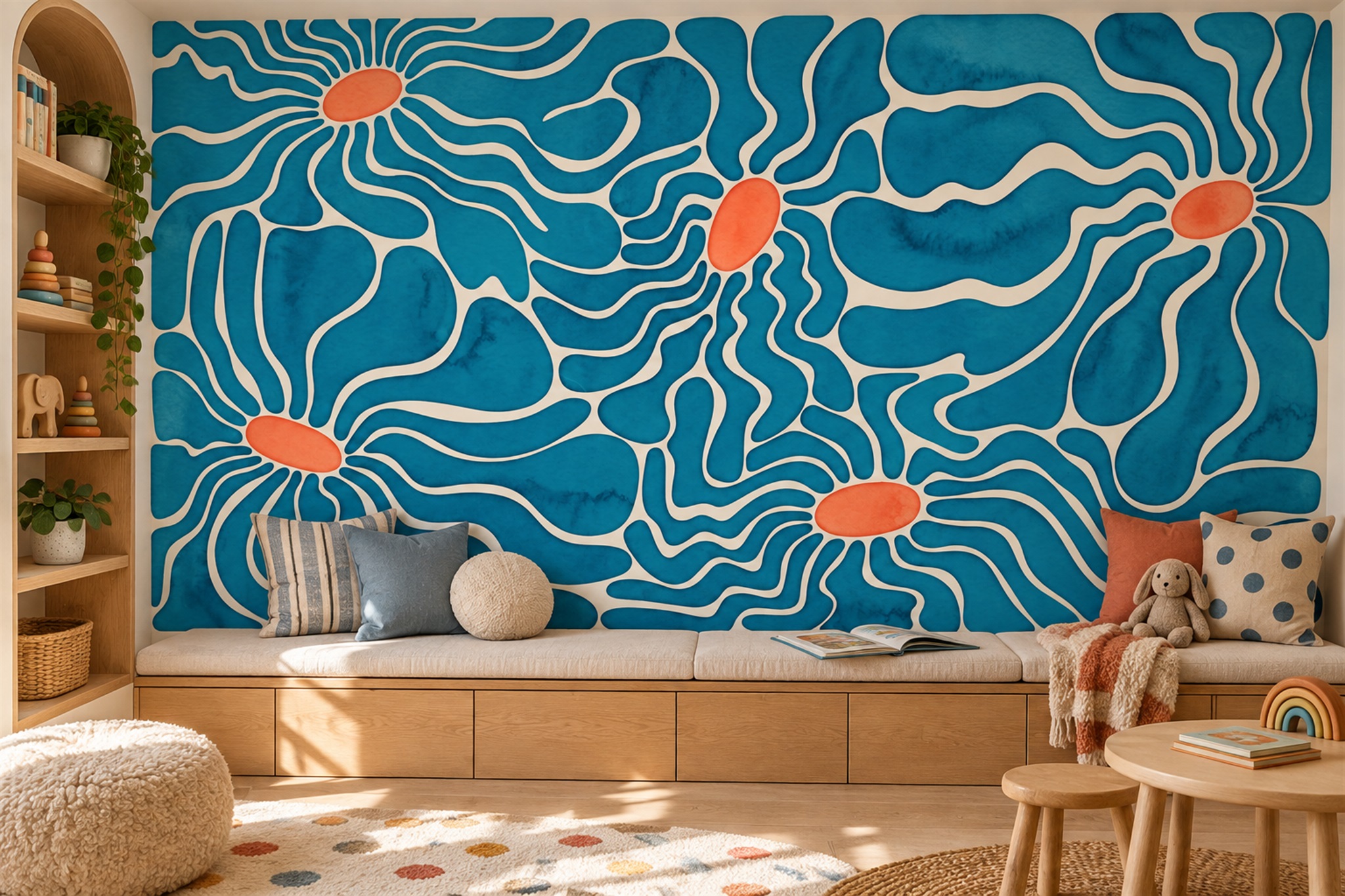 Teal Floral Botanical Atmospheric Wallpaper Mural Home-office-wallpaper-murals, Shown In A Home Office, Peel-and-stick Finish