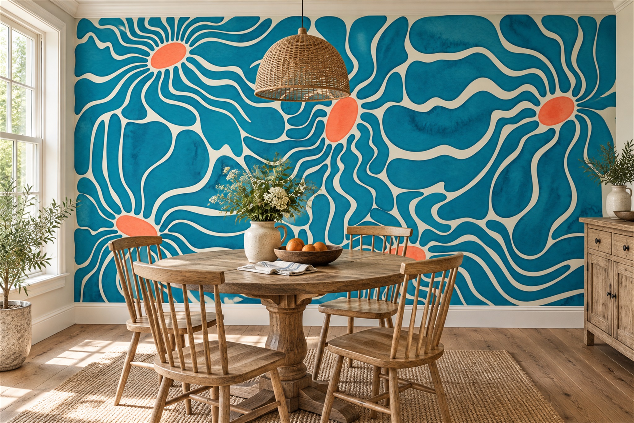 Teal Contour Lines With Coral Circles Wallpaper Mural — Wallpaper Mural Design, Peel-and-stick Finish