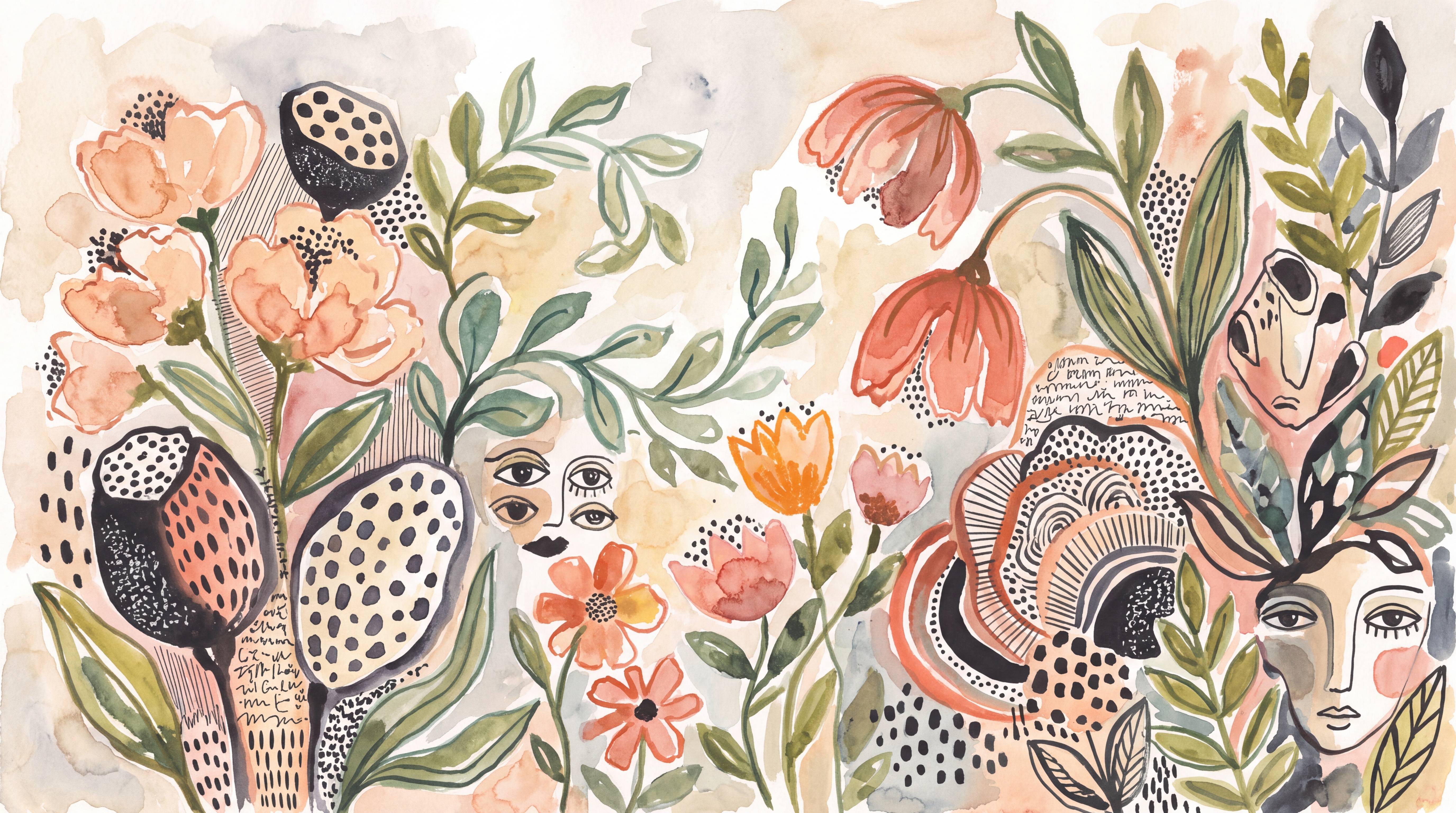 Peach Floral Botanical Painterly Wallpaper Mural, Peel-and-stick Finish