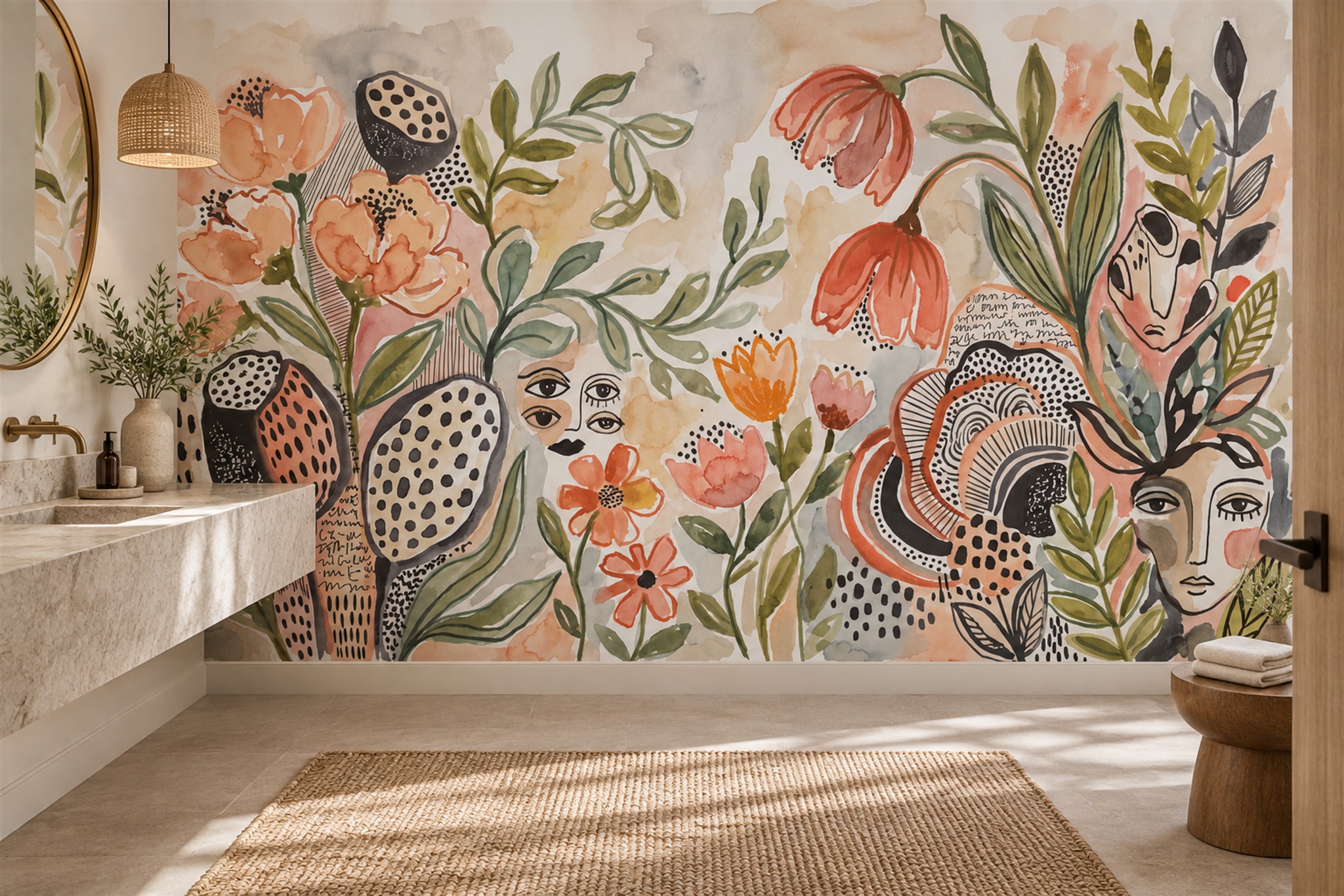 Peach Floral Botanical Painterly Wallpaper Mural Accent-wall-wallpaper-murals, Peel-and-stick Finish