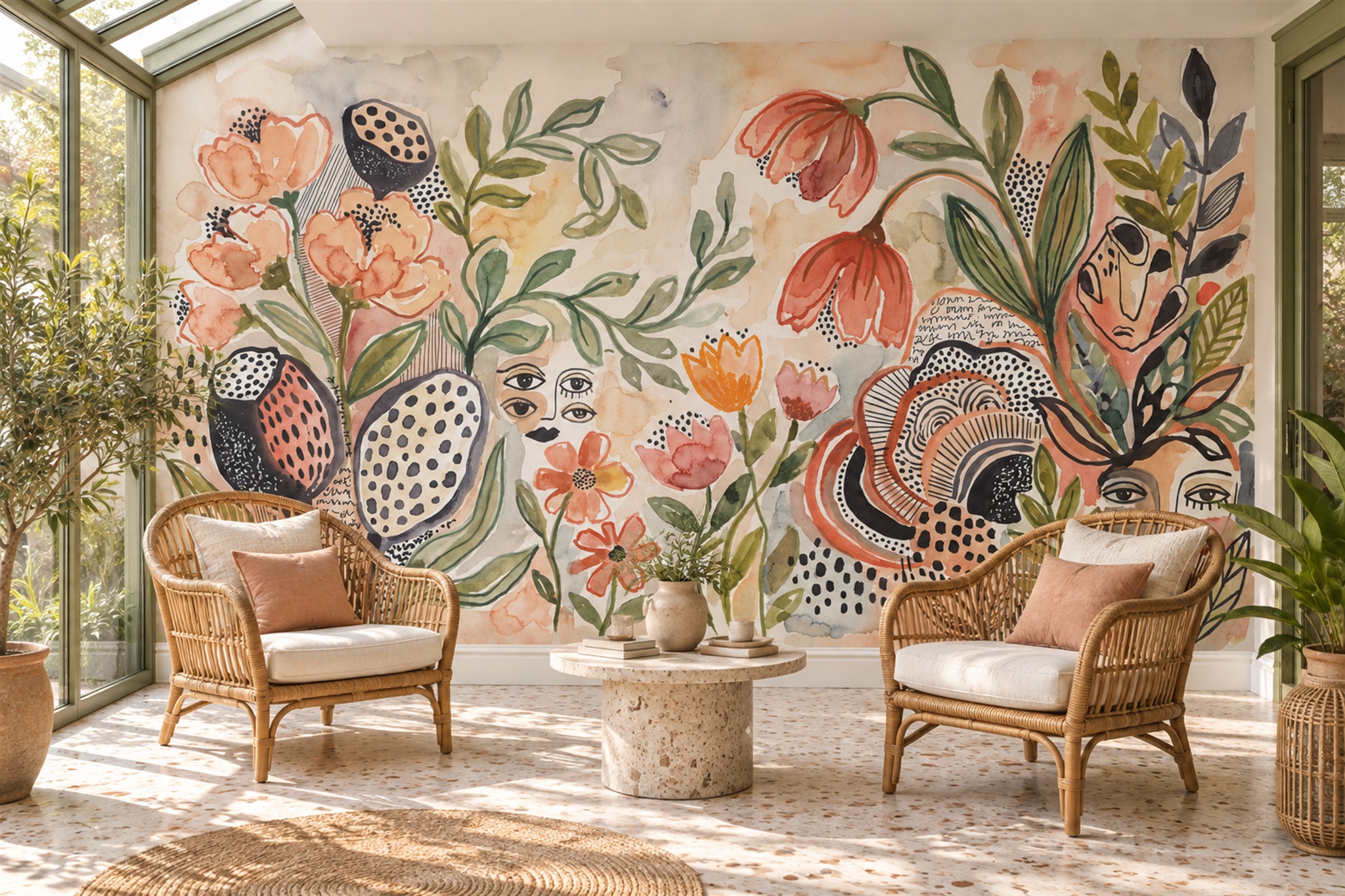 Folk Art Faces And Peach Flowers Wallpaper Mural — Wallpaper Mural Design, Peel-and-stick Finish