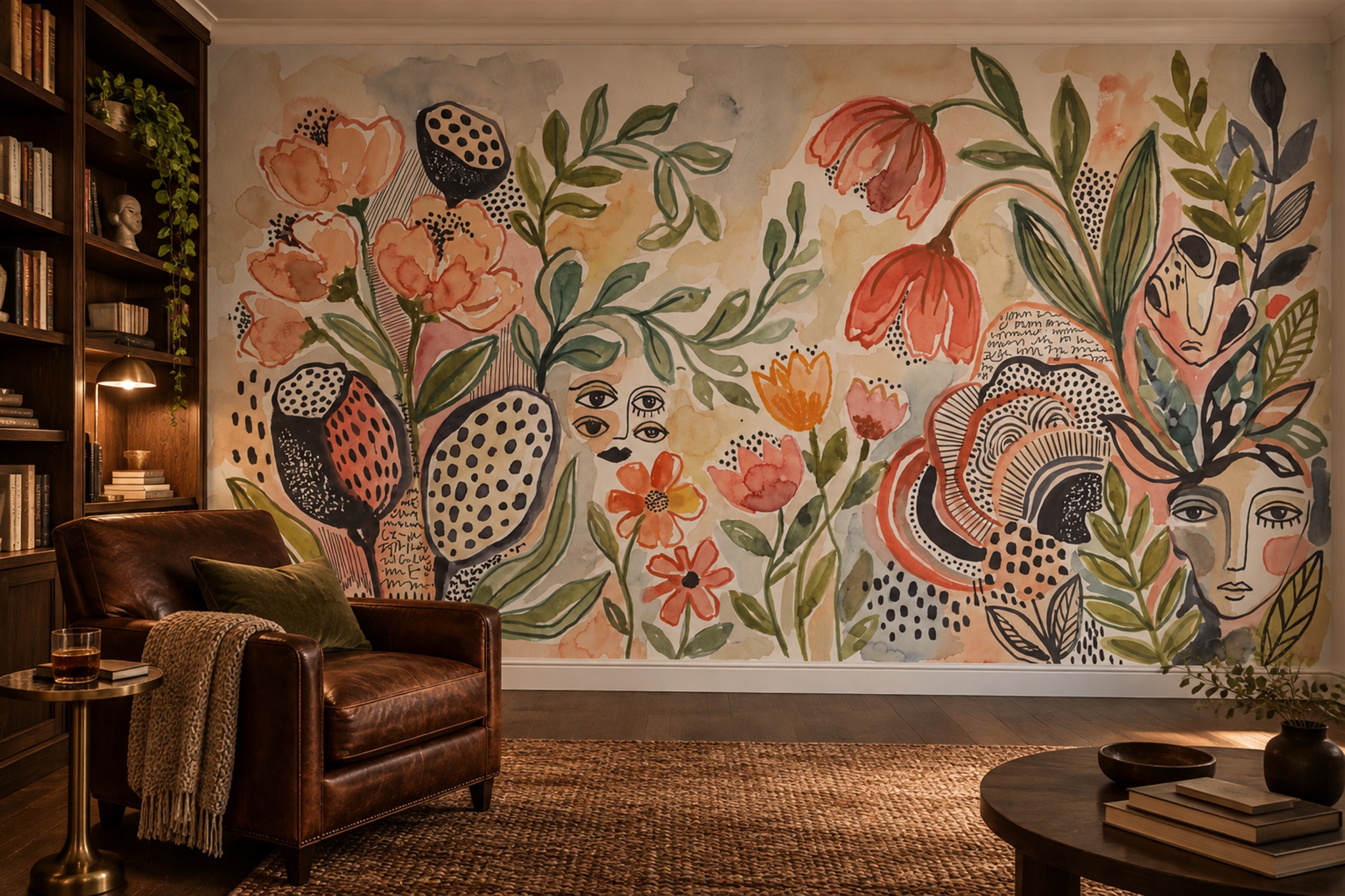 Peach Floral Botanical Painterly Wallpaper Mural Dining-room-wallpaper-murals, Peel-and-stick Finish