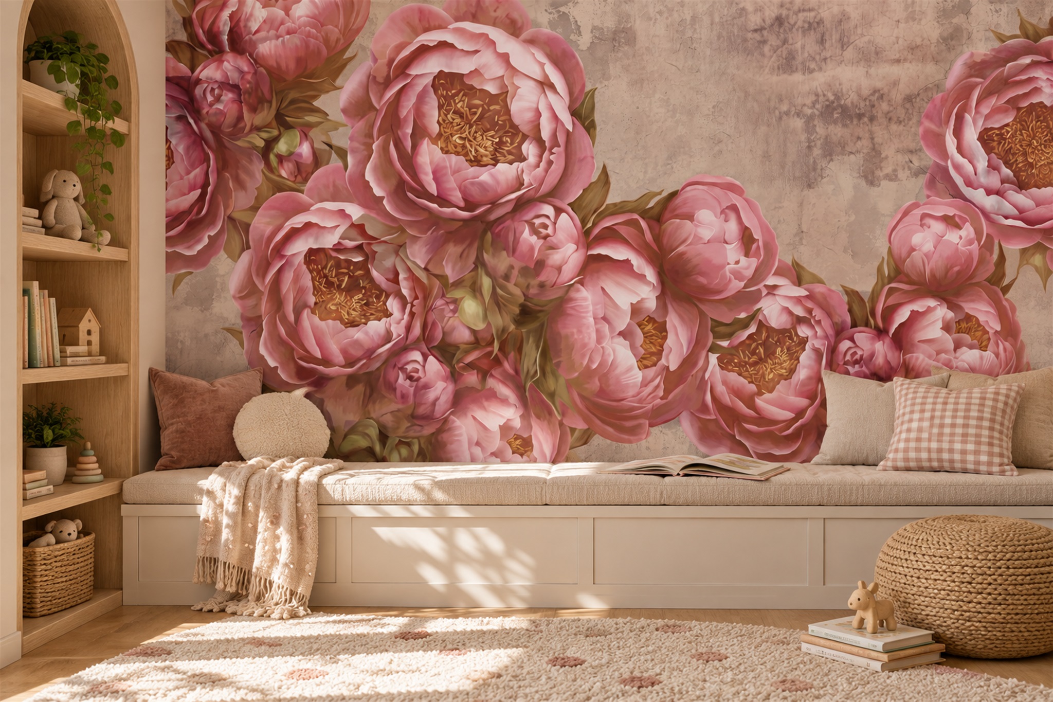Pink Peony Botanical Vintage Wallpaper Mural Dining-room-wallpaper-murals, Shown In A Dining Room, Peel-and-stick Finish