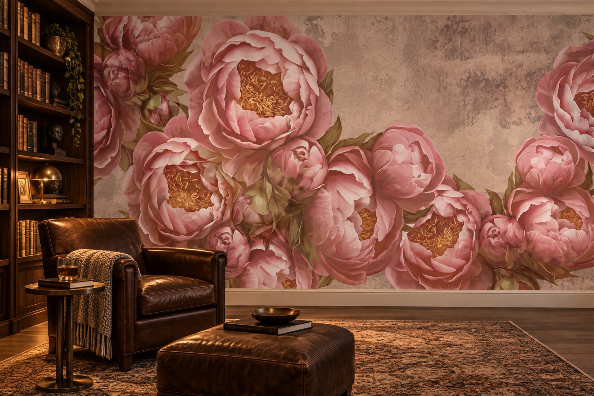 Pink Peony Botanical Vintage Wallpaper Mural Home-office-wallpaper-murals, Shown In A Home Office, Peel-and-stick Finish