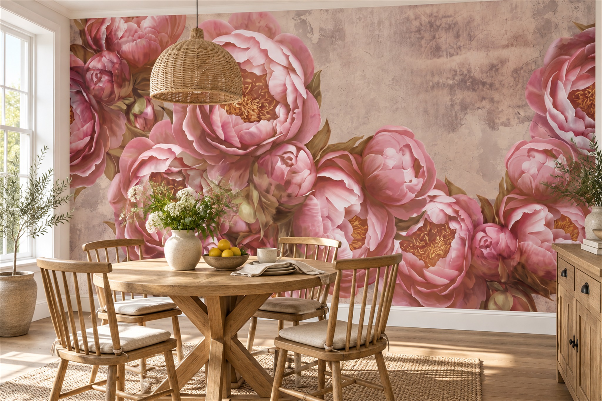 Oversized Pink Peony Wallpaper Mural — Installed Wallpaper Mural In A Bedroom, Peel-and-stick Finish