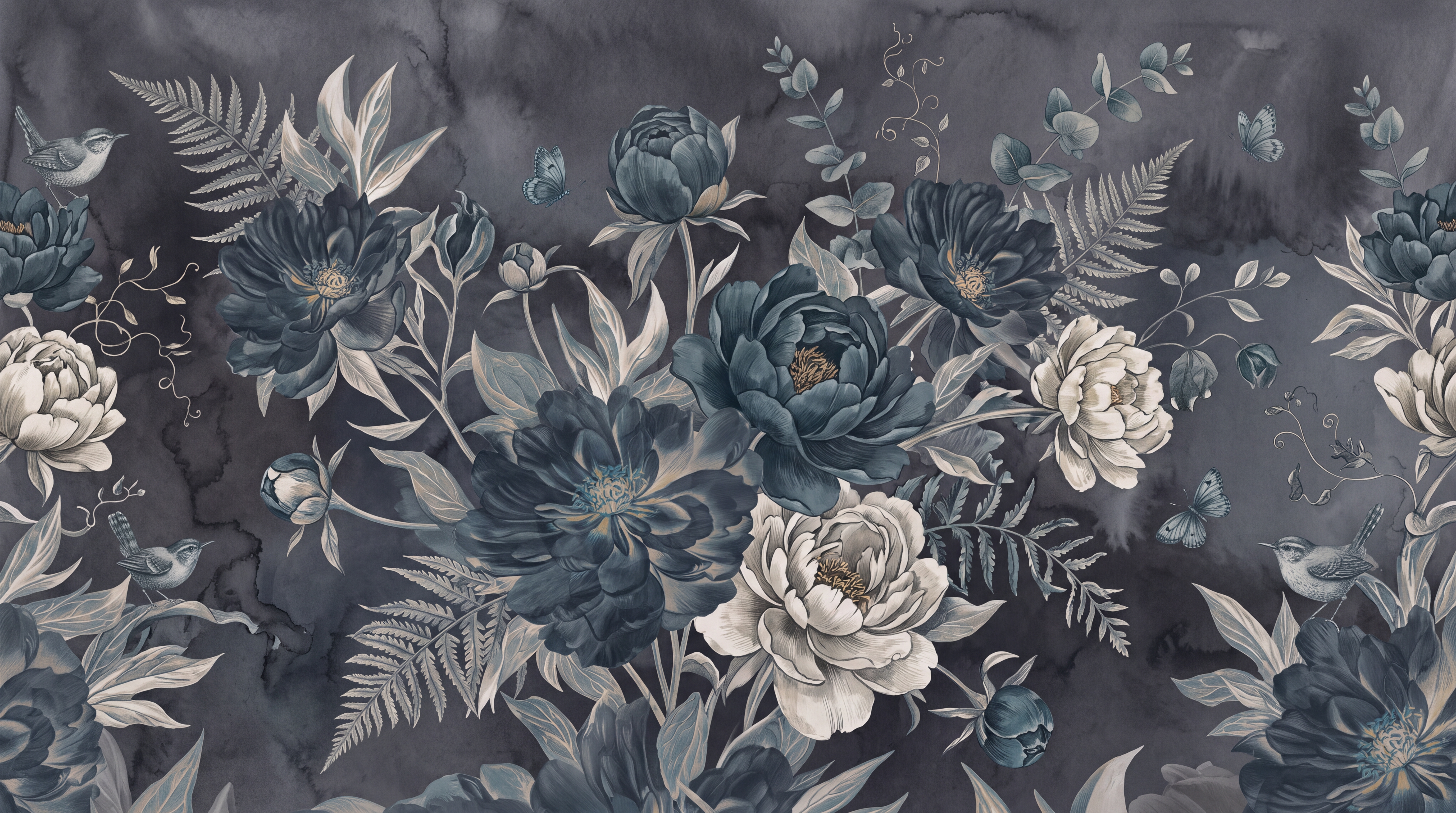 Grey Floral Botanical Wallpaper Mural, Peel-and-stick Finish