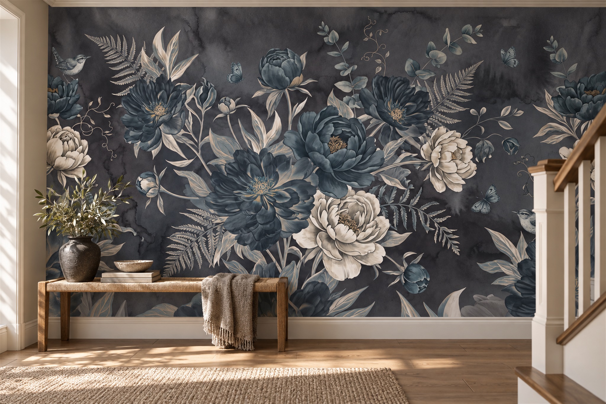 Grey Floral Botanical Wallpaper Mural Home-office-wallpaper-murals, Shown In A Home Office, Peel-and-stick Finish