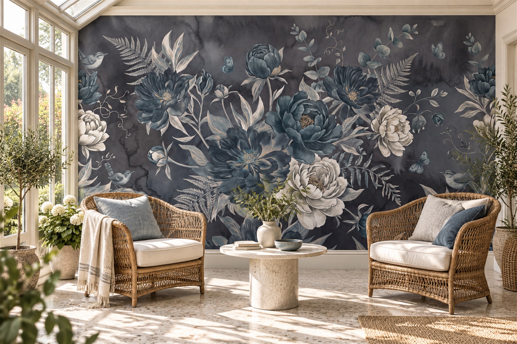 Grey Floral Botanical Wallpaper Mural Accent-wall-wallpaper-murals, Peel-and-stick Finish