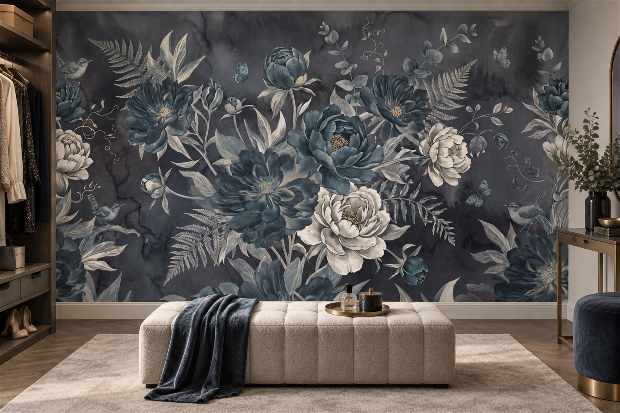 Grey Floral Botanical Wallpaper Mural Dining-room-wallpaper-murals, Shown In A Dining Room, Peel-and-stick Finish
