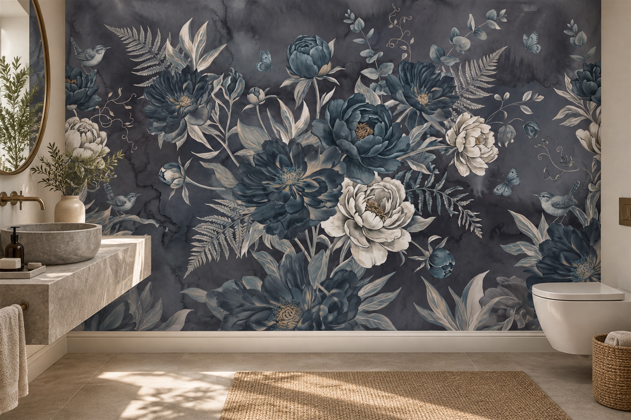 Grey Floral Botanical Wallpaper Mural Accent-wall-wallpaper-murals, Peel-and-stick Finish