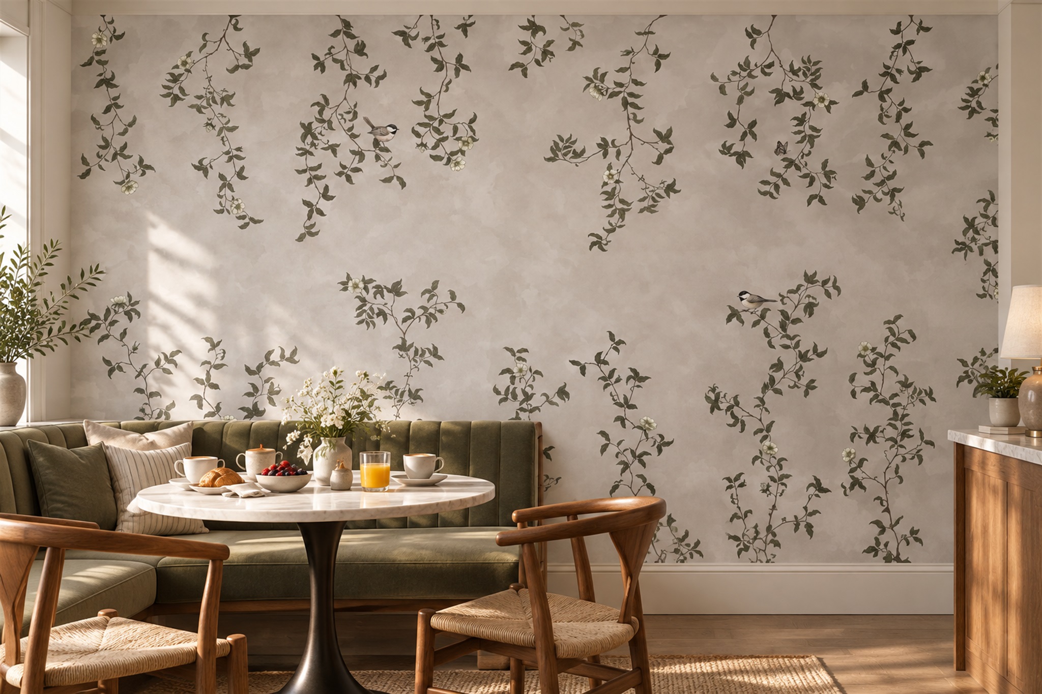 Sage Vine Botanical Painterly Wallpaper Mural Living-room-wallpaper-murals, Shown In A Living Room, Peel-and-stick Finish