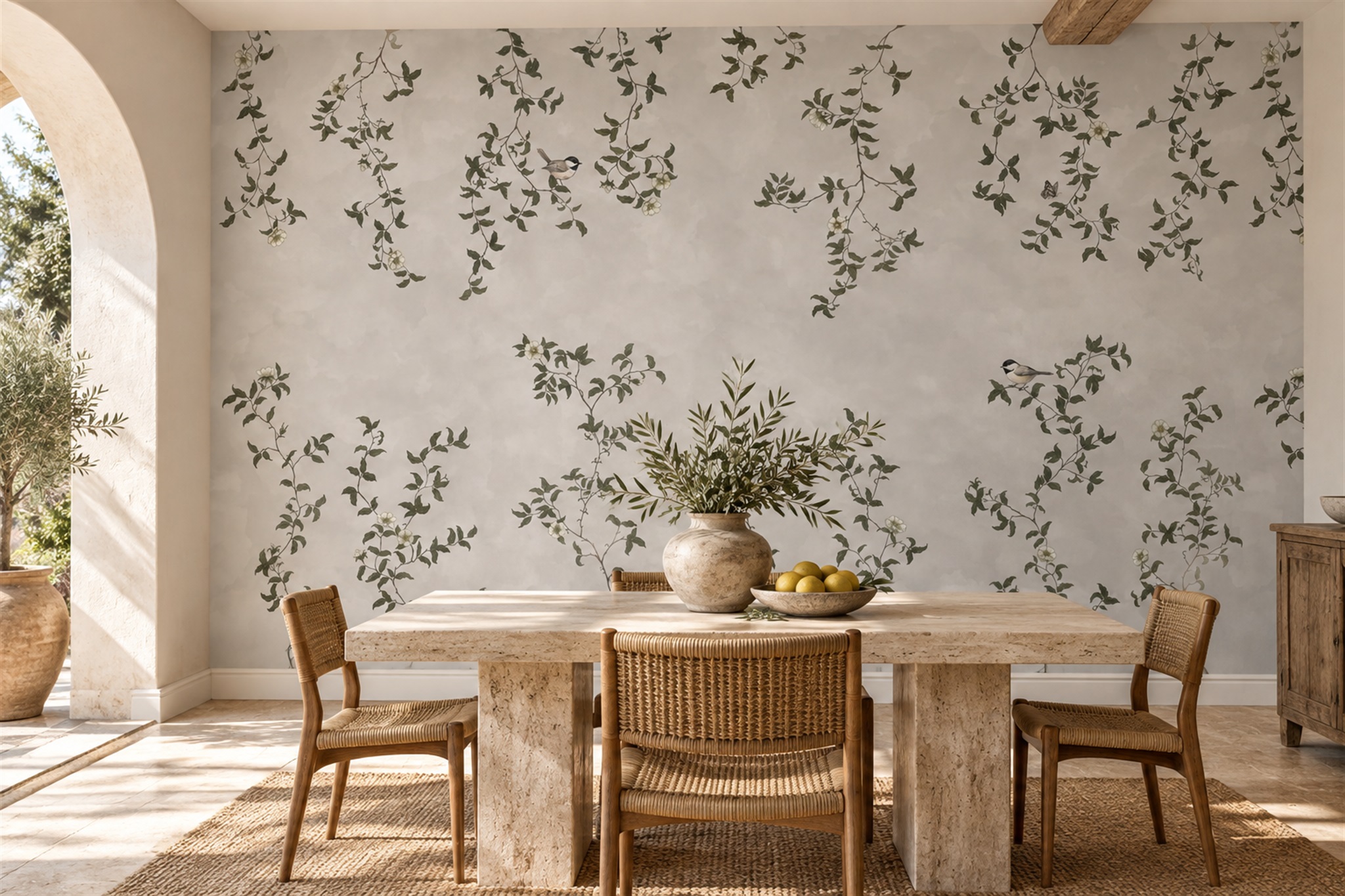 Sage Trailing Vines With White Blossoms And Birds Wallpaper Mural — Wallpaper Mural Design, Peel-and-stick Finish