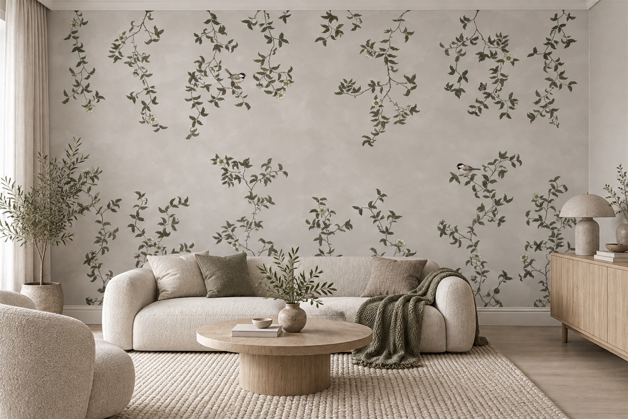 Sage Vine Botanical Painterly Wallpaper Mural Home-office-wallpaper-murals, Shown In A Home Office, Peel-and-stick Finish