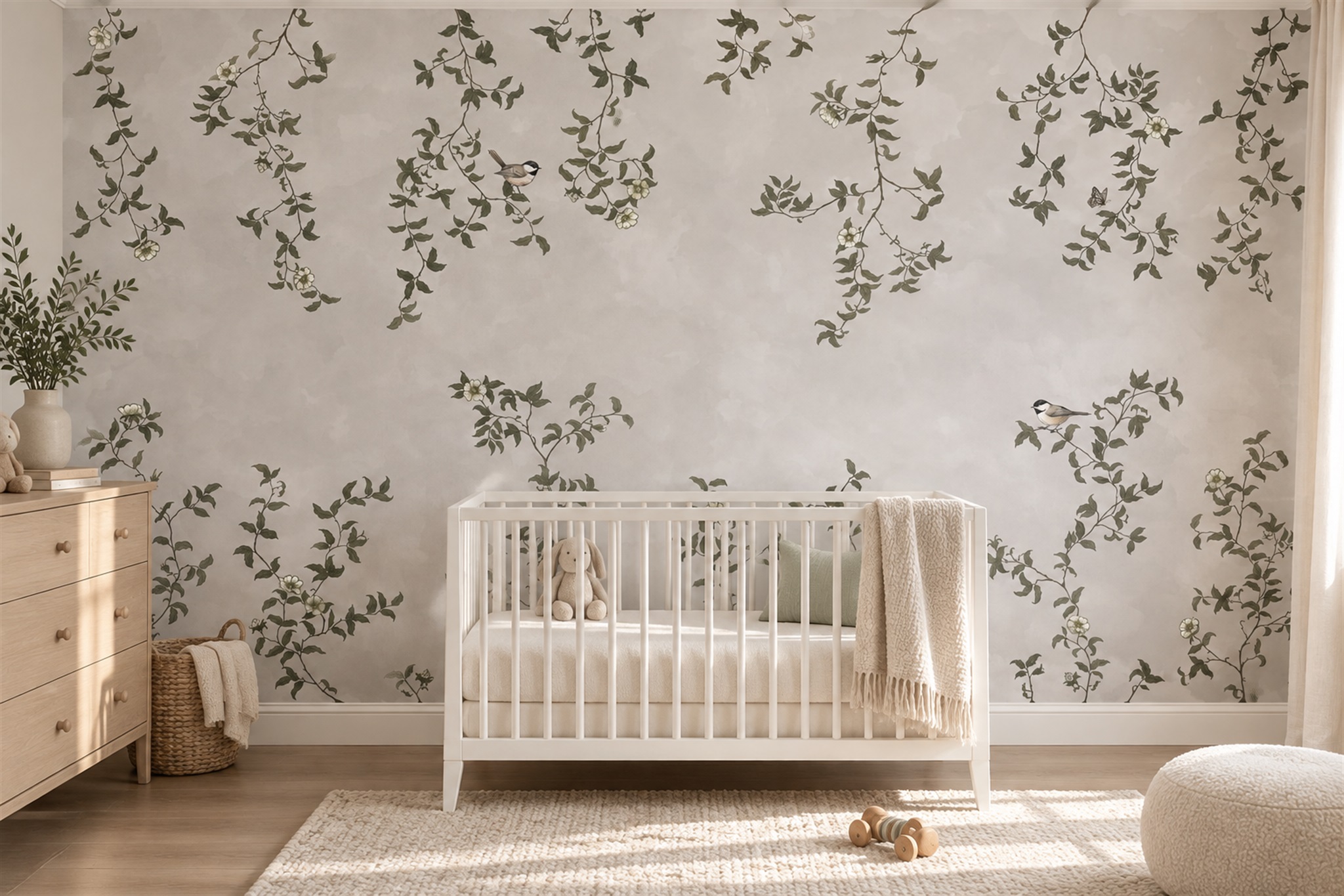 Sage Vine Botanical Painterly Wallpaper Mural Bedroom-wallpaper-murals, Peel-and-stick Finish