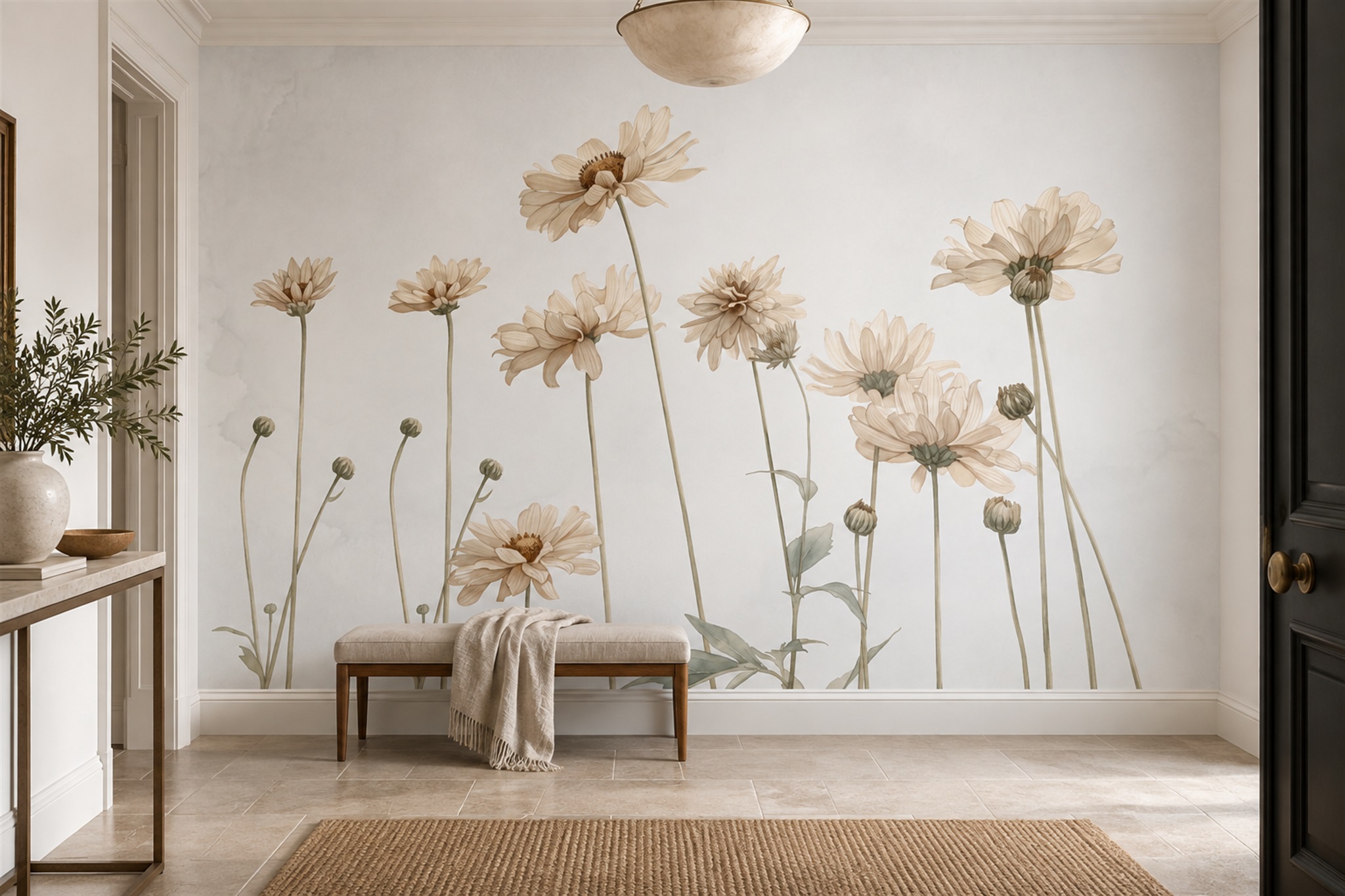 Beige Pattern Decorative Wallpaper Mural Layered Surface Wallpaper Mural Dining-room-wallpaper-murals, Shown In A Dining Room, Peel-and-stick Finish