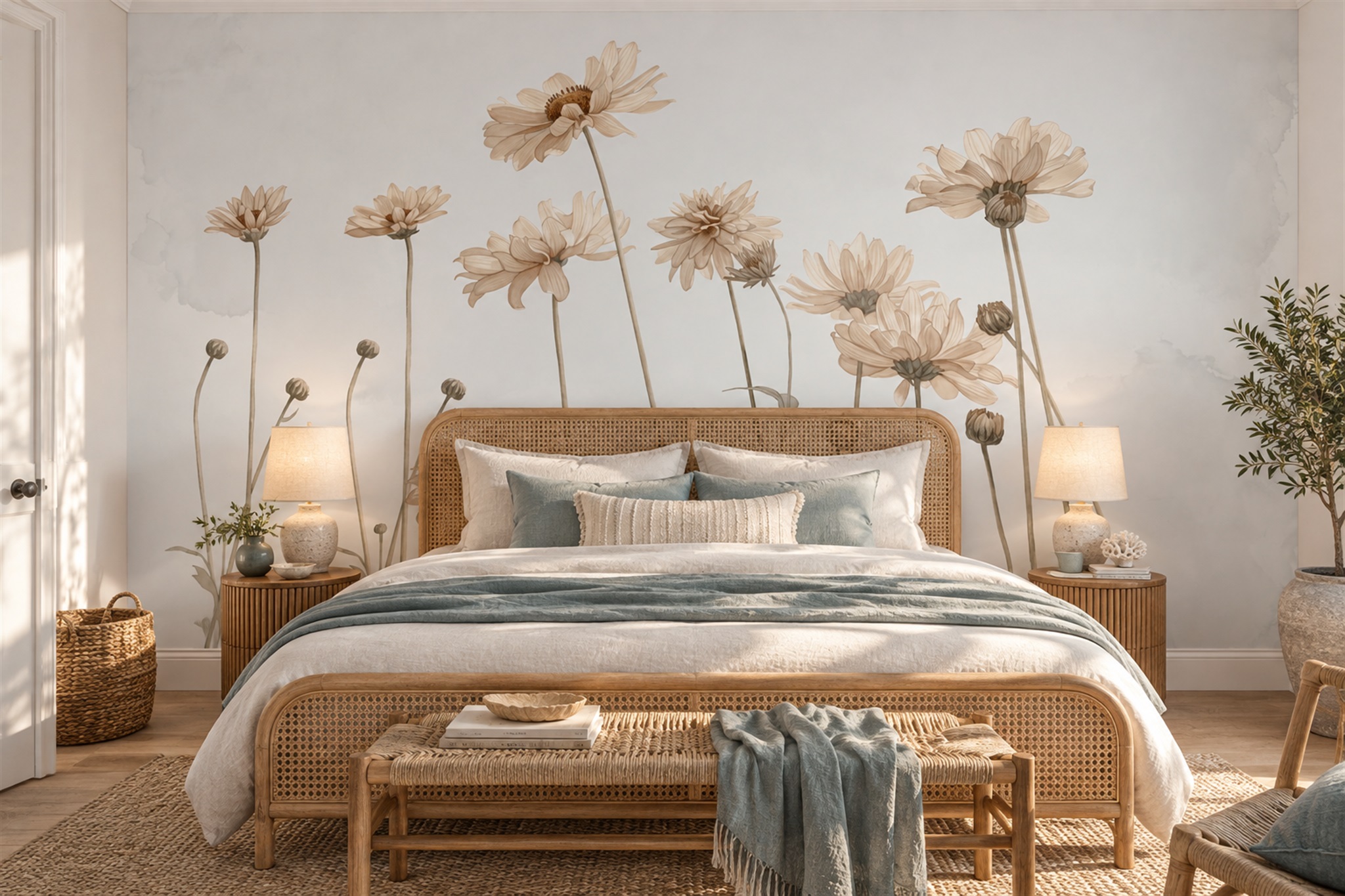 Ivory Wild Daisies On Pale Beige Wallpaper Mural — Wallpaper Mural Design, Peel-and-stick Finish