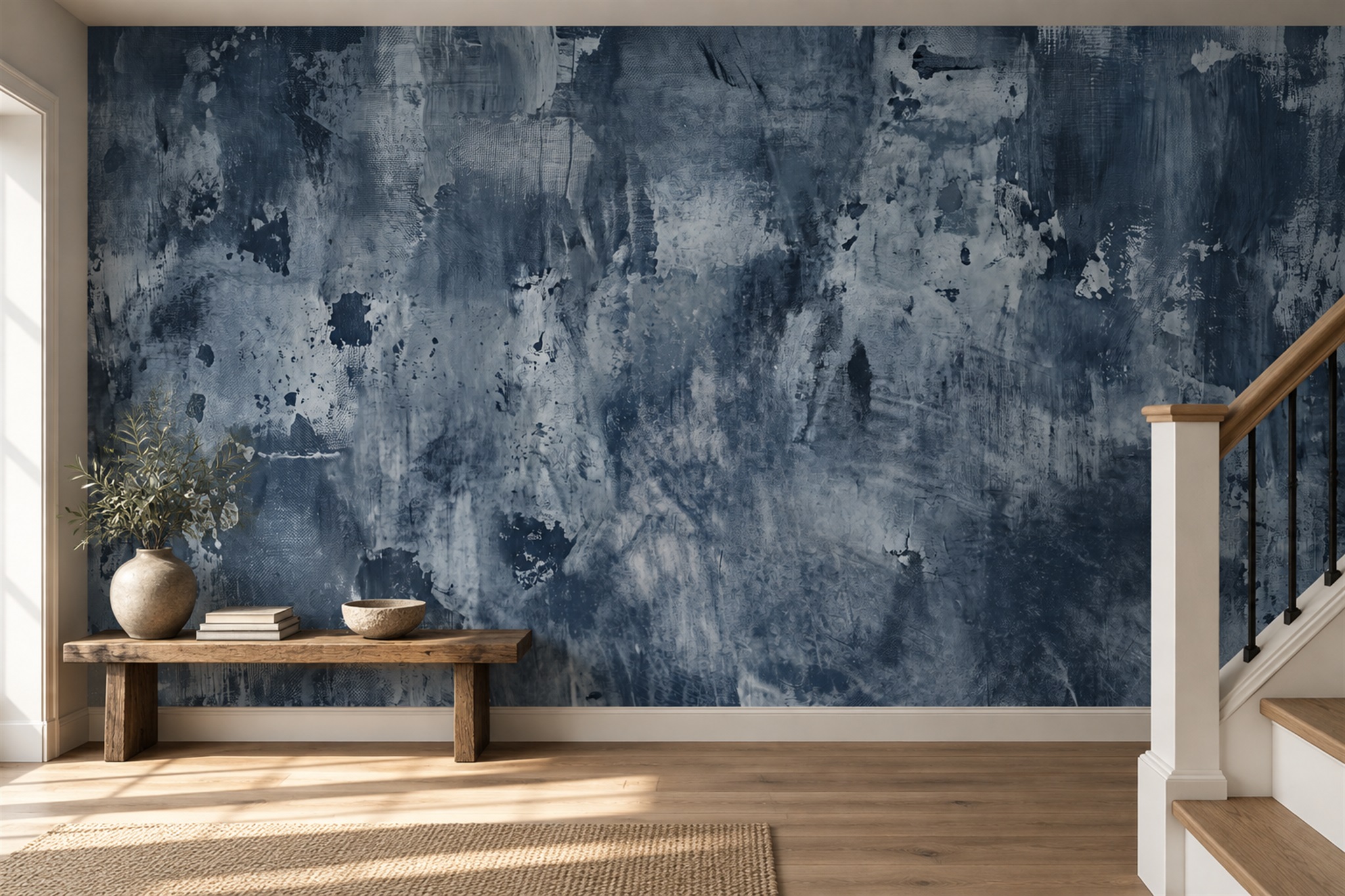 Navy Textured Artful Wallpaper Mural Bedroom-wallpaper-murals, Peel-and-stick Finish