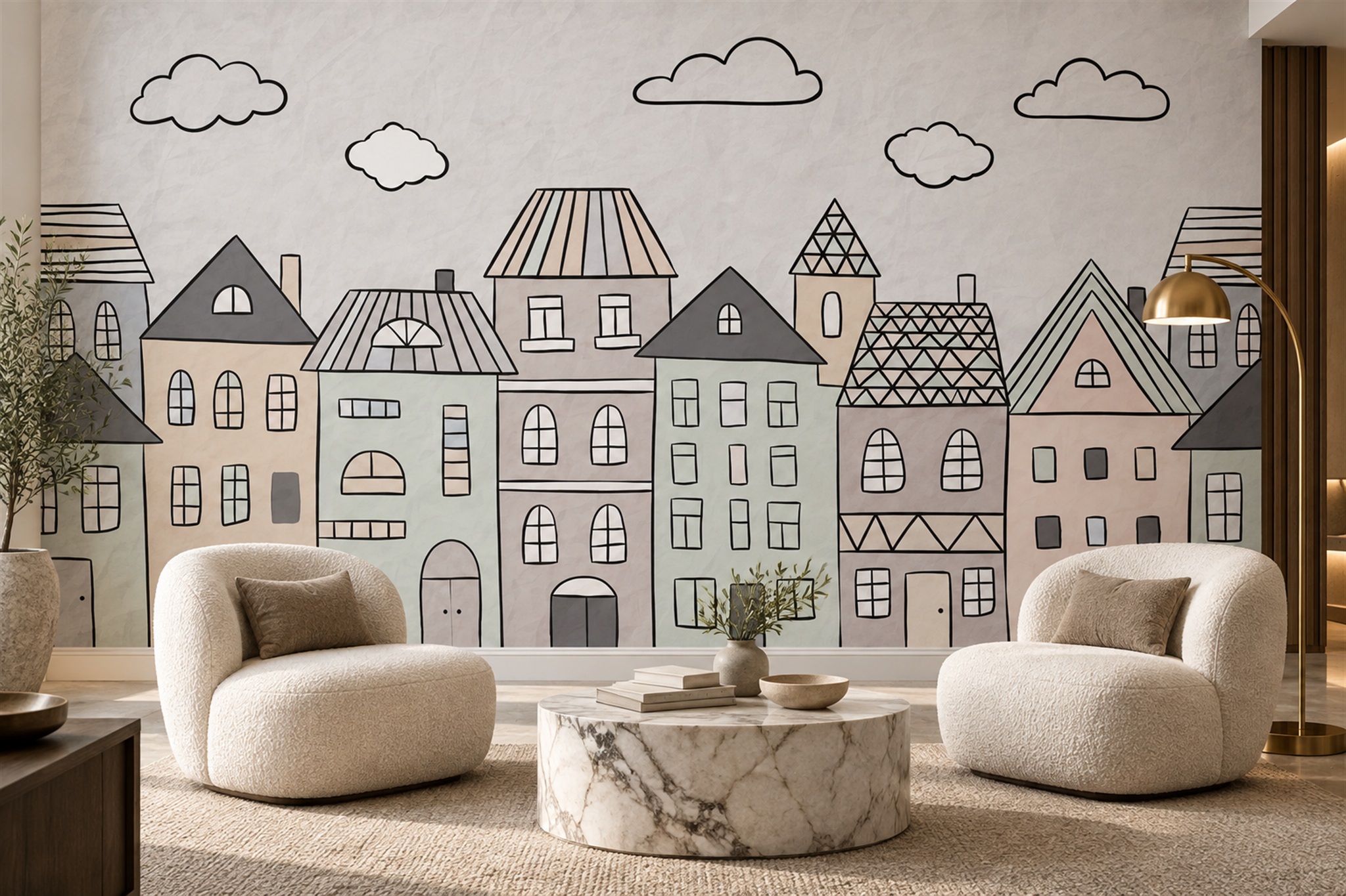 Pastel Pattern Decorative Atmospheric Wallpaper Mural Dining-room-wallpaper-murals, Shown In A Dining Room, Peel-and-stick Finish