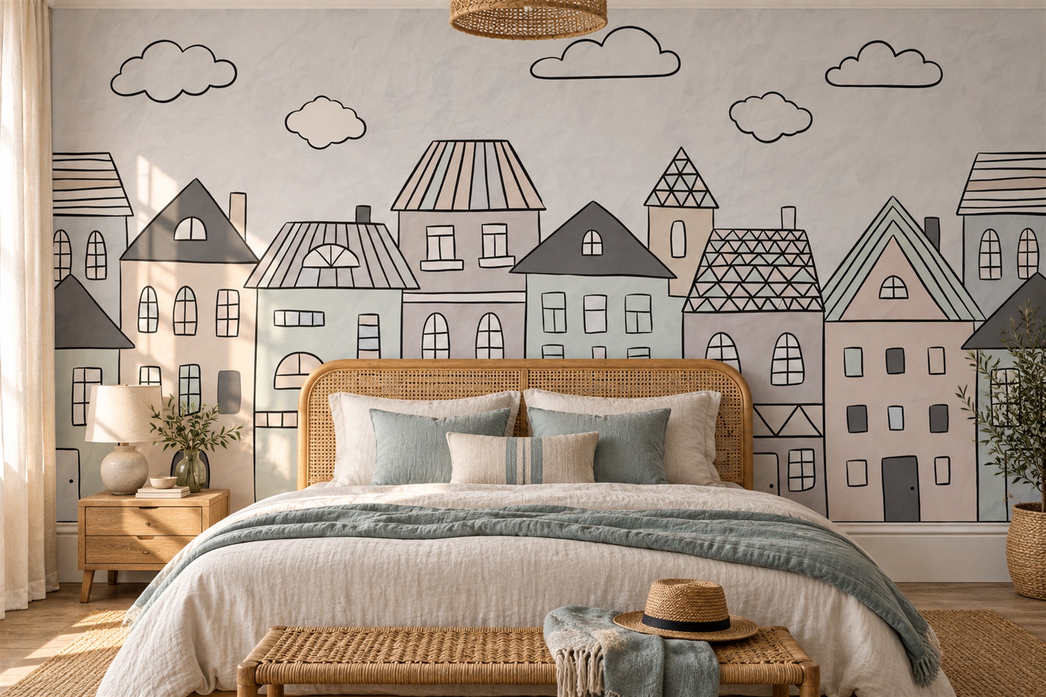 Pastel Row Houses And Clouds Wallpaper Mural — Installed Wallpaper Mural In A Bedroom, Peel-and-stick Finish
