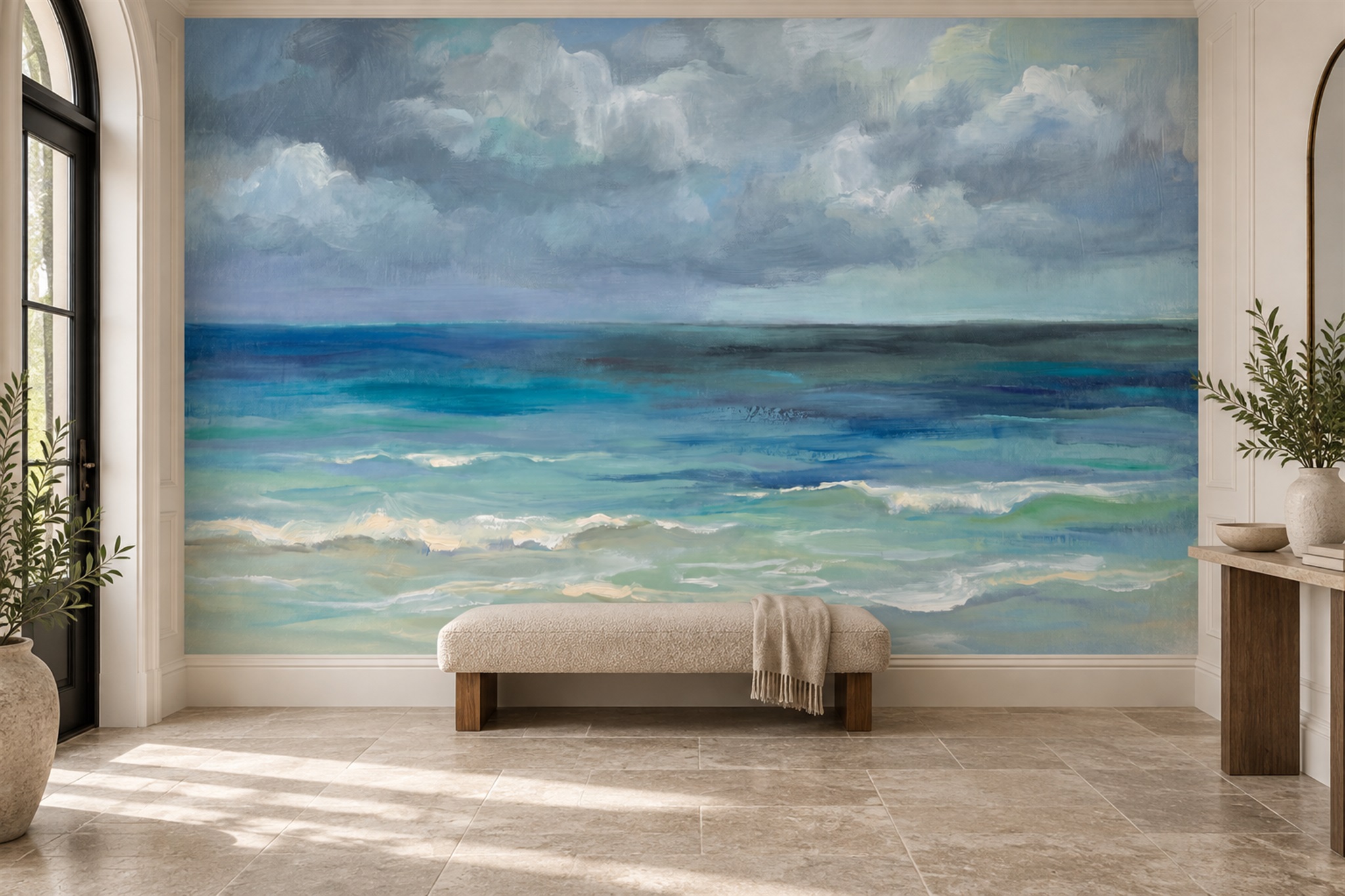 Blue Pattern Decorative Wallpaper Painterly Layered Wallpaper Mural Living-room-wallpaper-murals, Shown In A Living Room, Peel-and-stick Finish