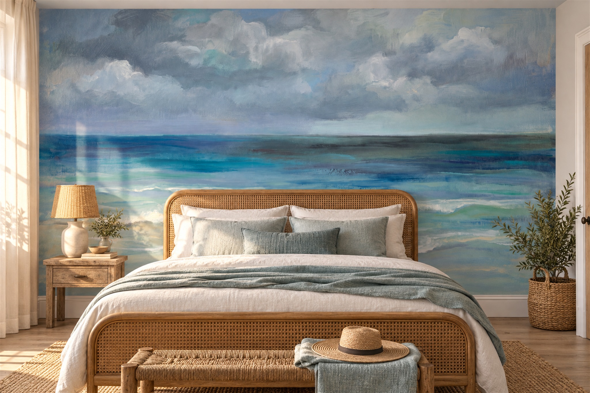 Blue Pattern Decorative Wallpaper Painterly Layered Wallpaper Mural Dining-room-wallpaper-murals, Peel-and-stick Finish