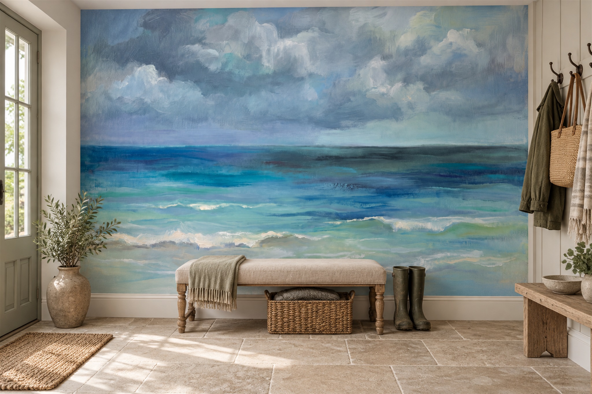 Blue Pattern Decorative Wallpaper Painterly Layered Wallpaper Mural Bedroom-wallpaper-murals, Peel-and-stick Finish