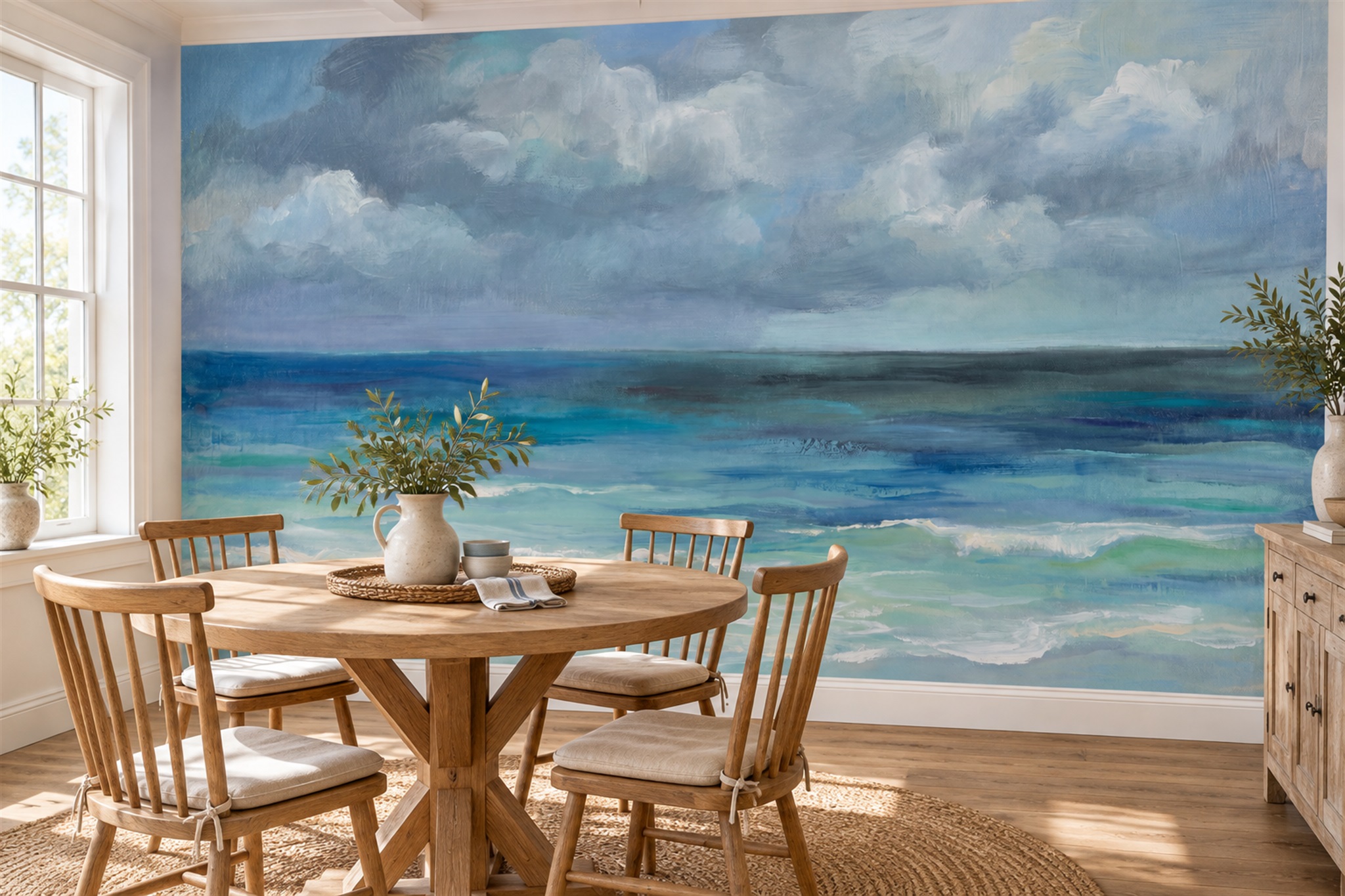 Blue Pattern Decorative Wallpaper Painterly Layered Wallpaper Mural Dining-room-wallpaper-murals, Peel-and-stick Finish