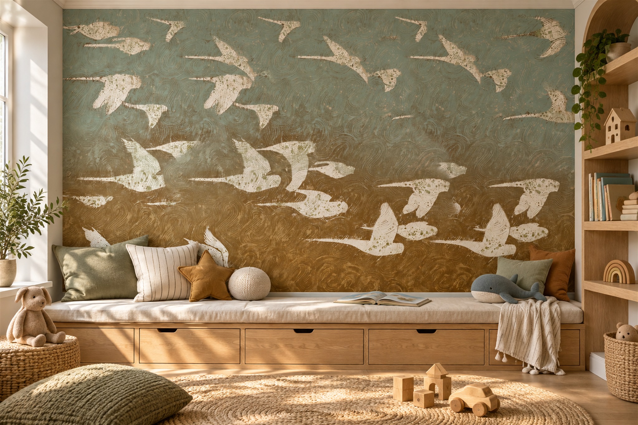 Gold Botanical Botanical Painterly Wallpaper Mural Living-room-wallpaper-murals, Shown In A Living Room, Peel-and-stick Finish