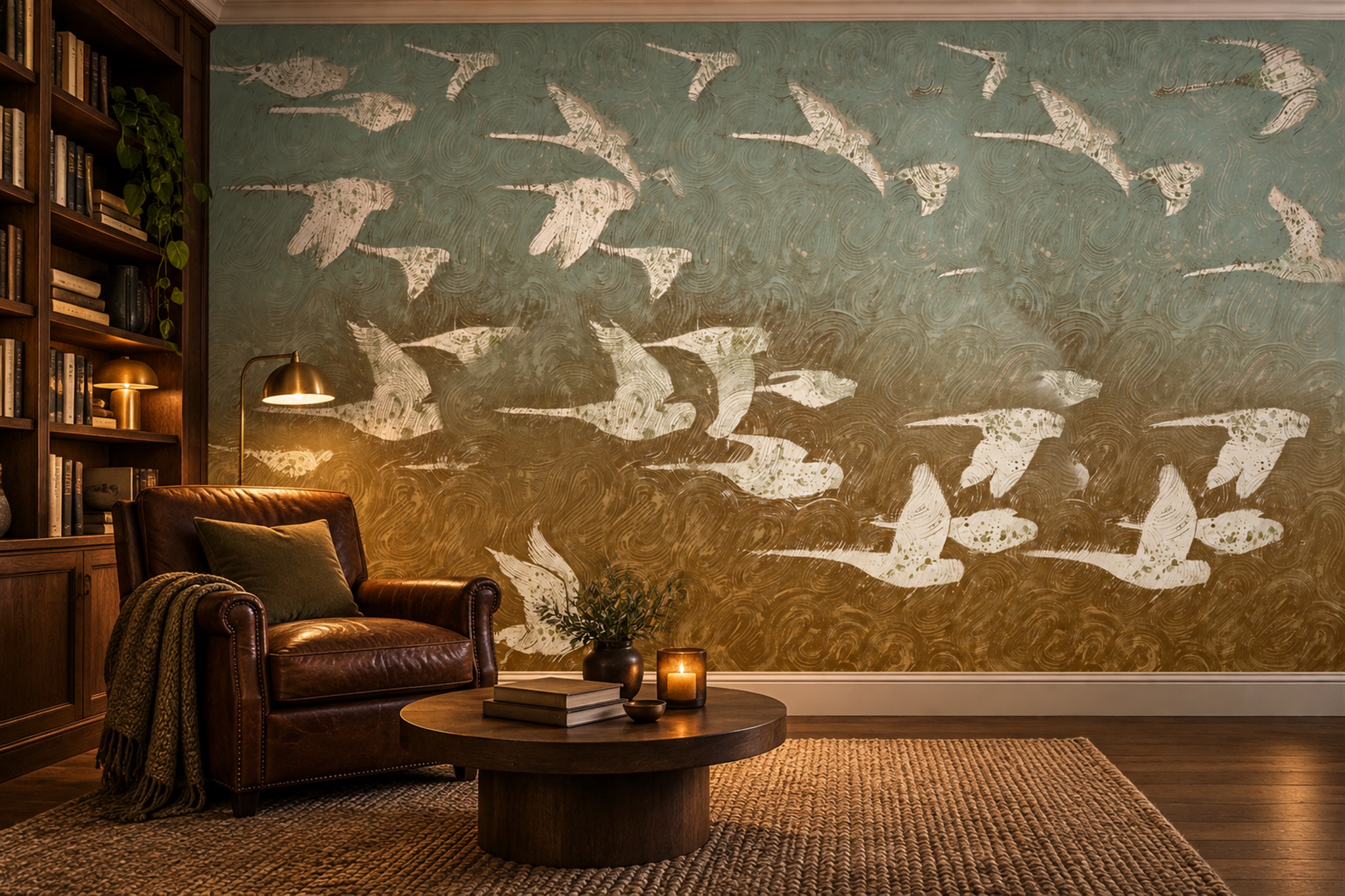 Gold Botanical Botanical Painterly Wallpaper Mural Dining-room-wallpaper-murals, Shown In A Dining Room, Peel-and-stick Finish