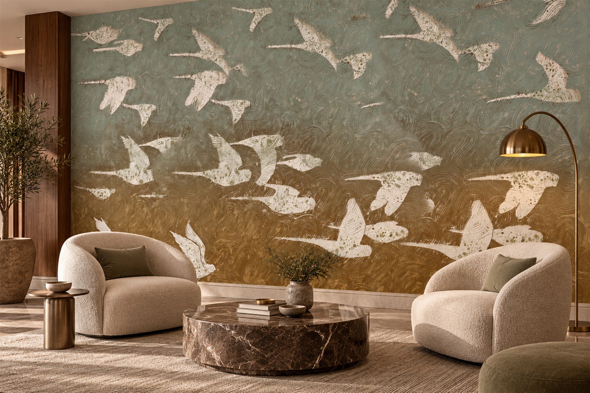 White Birds In Flight On Textured Sage And Ochre Wallpaper Mural — Installed Wallpaper Mural In A Bedroom, Peel-and-stick Finish
