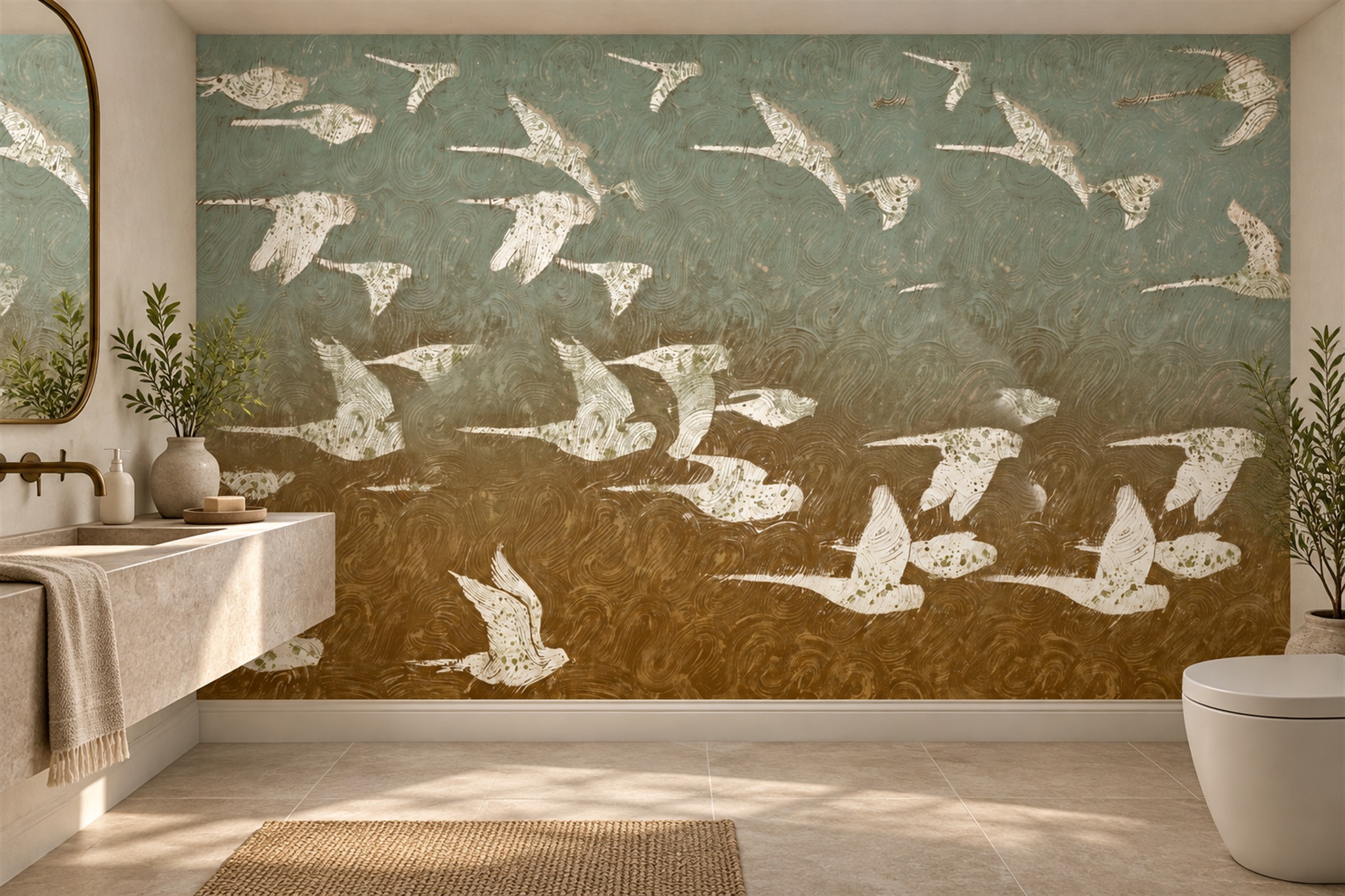 Gold Botanical Botanical Painterly Wallpaper Mural Bedroom-wallpaper-murals, Peel-and-stick Finish