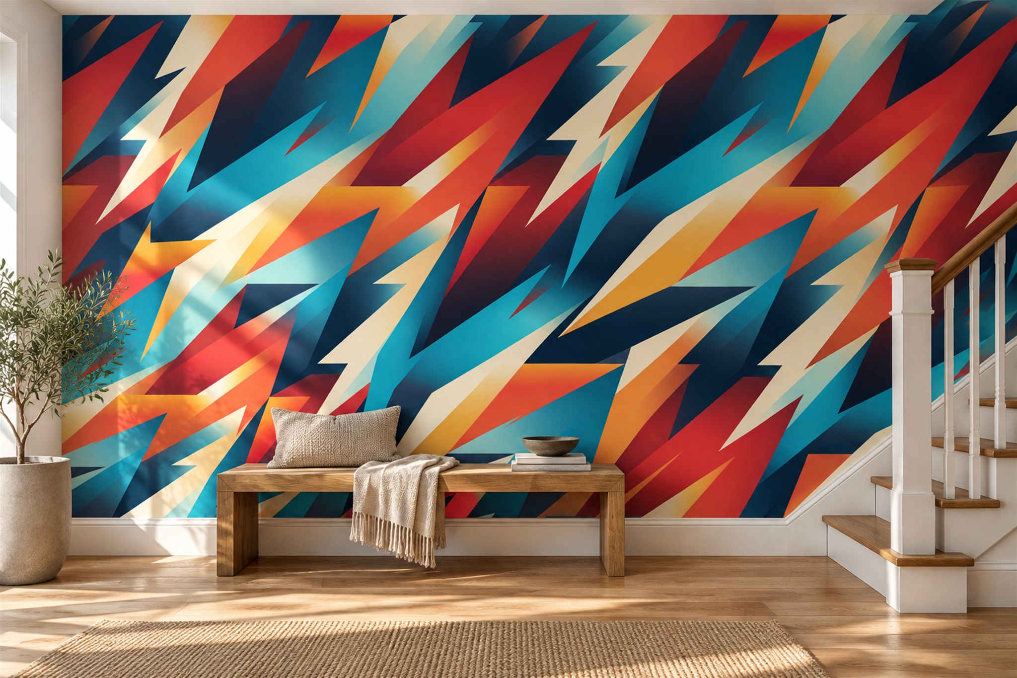 Orange Pattern Decorative Painterly Wallpaper Mural Dining-room-wallpaper-murals, Shown In A Dining Room, Peel-and-stick Finish
