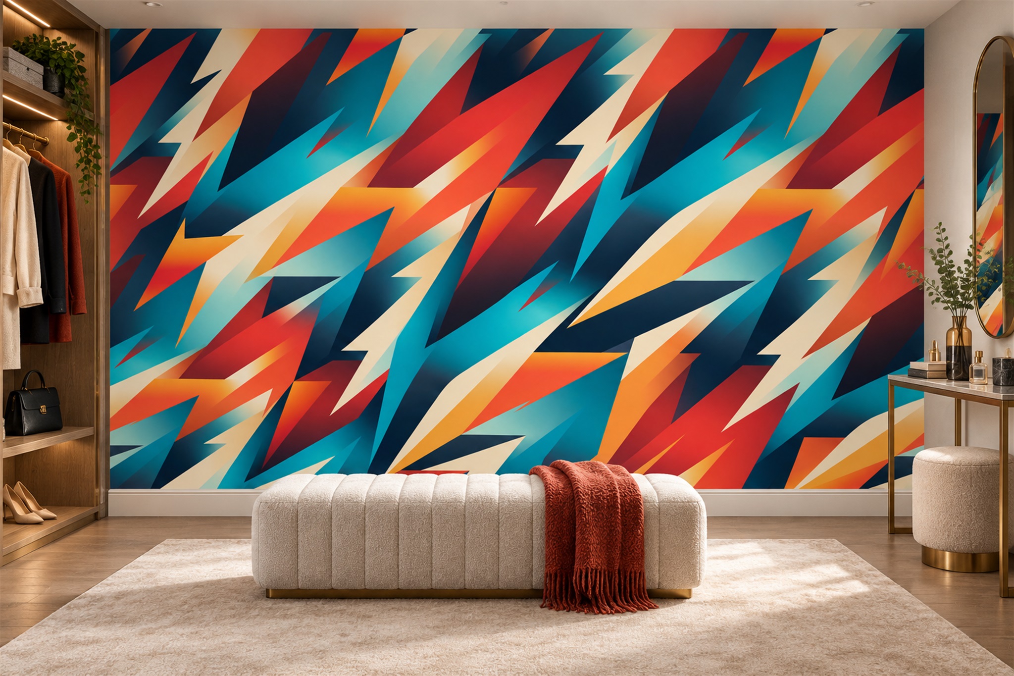 Orange Pattern Decorative Painterly Wallpaper Mural Living-room-wallpaper-murals, Shown In A Living Room, Peel-and-stick Finish