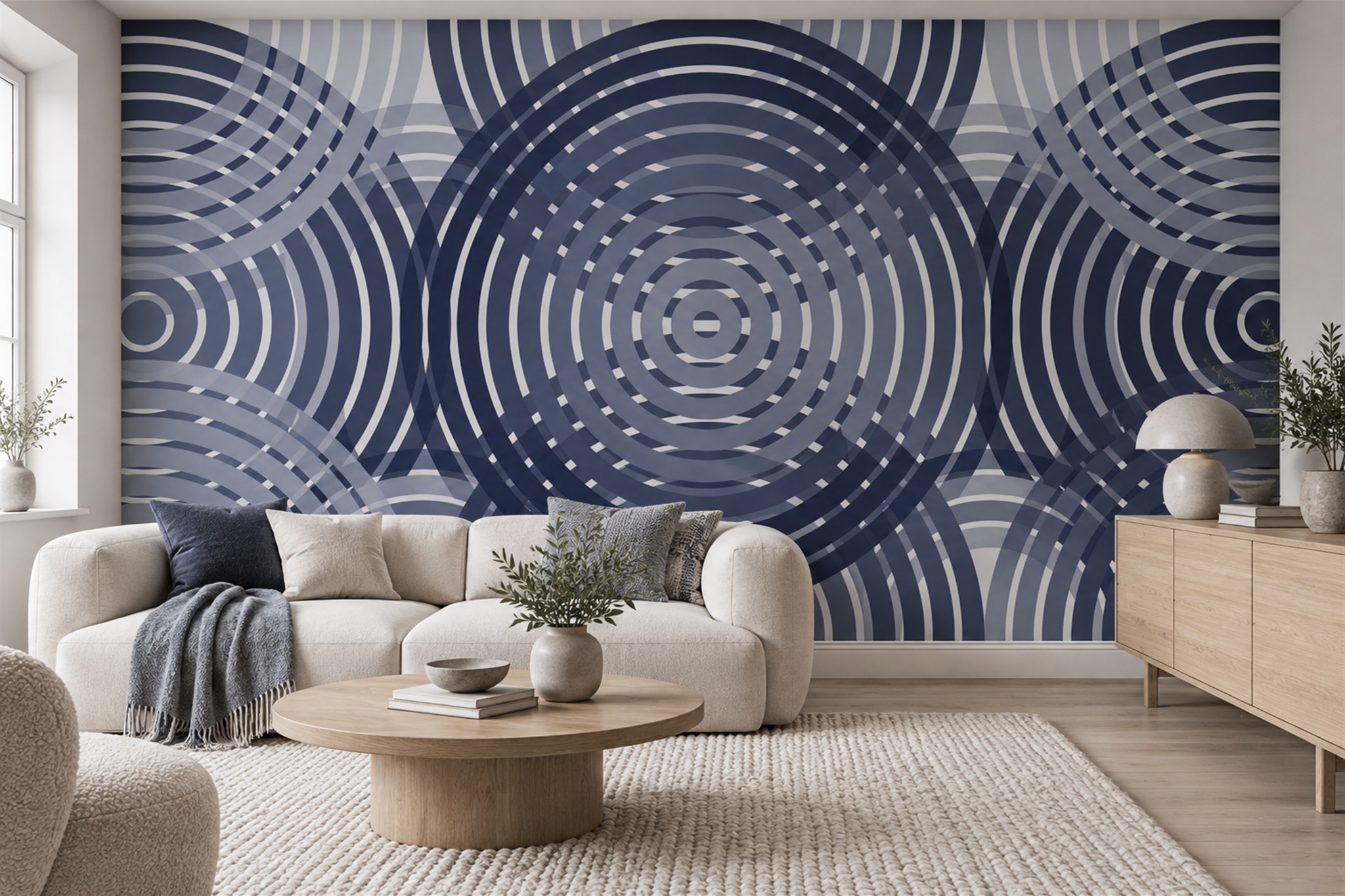 Blue Circular Abstract Decorative Wallpaper Mural Dining-room-wallpaper-murals, Shown In A Dining Room, Peel-and-stick Finish