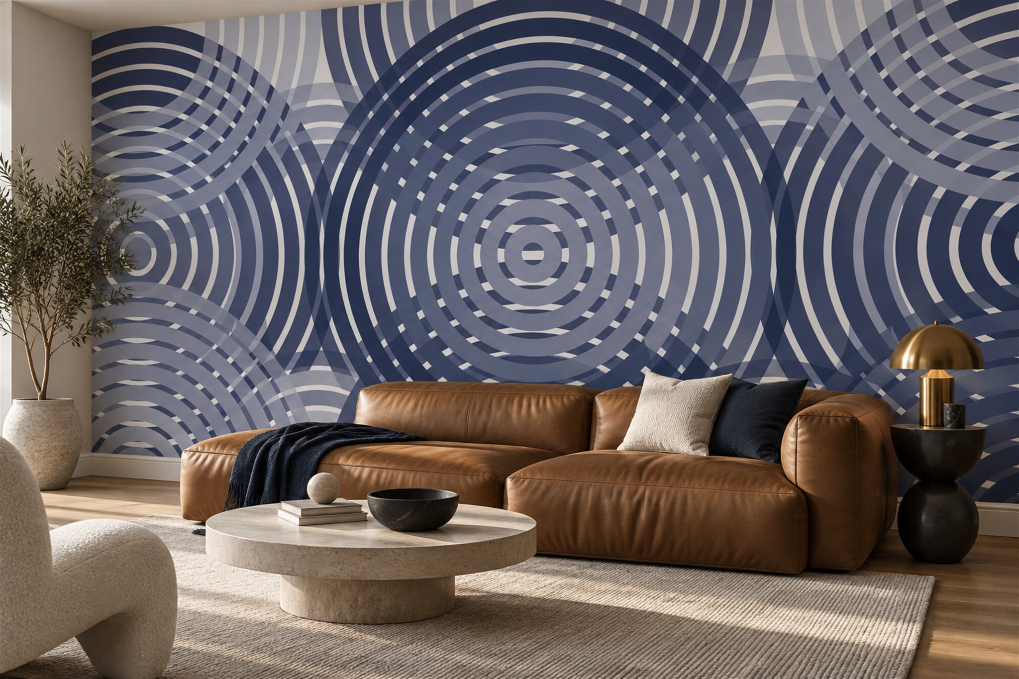 Blue Circular Abstract Decorative Wallpaper Mural Home-office-wallpaper-murals, Shown In A Home Office, Peel-and-stick Finish