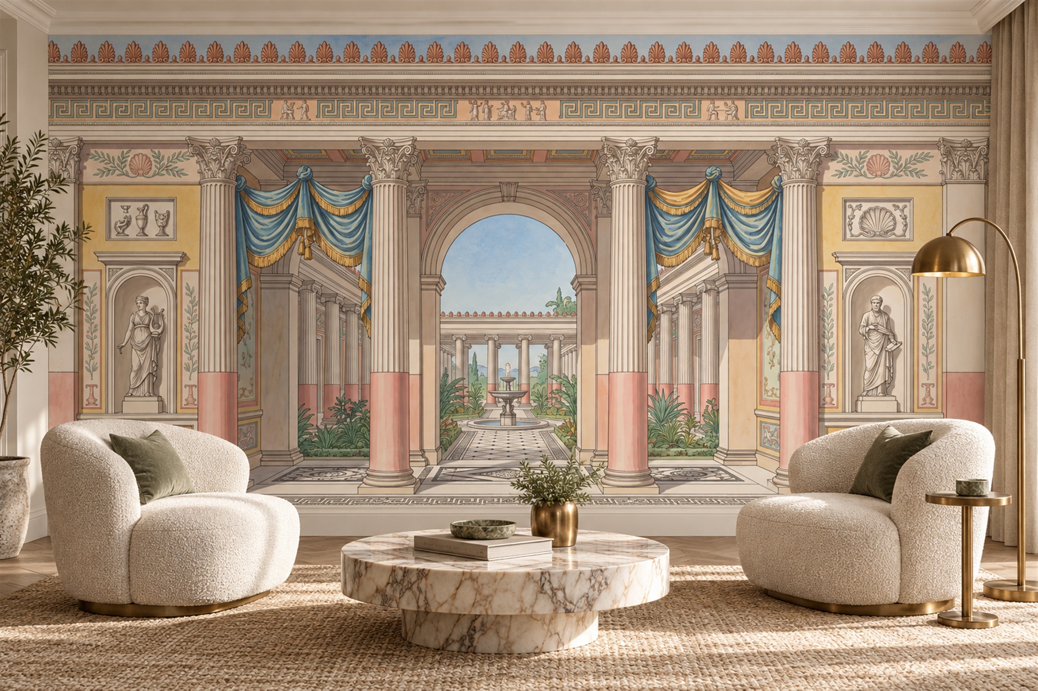 Classical Colonnade And Garden Courtyard Wallpaper Mural — Wallpaper Mural Design, Peel-and-stick Finish