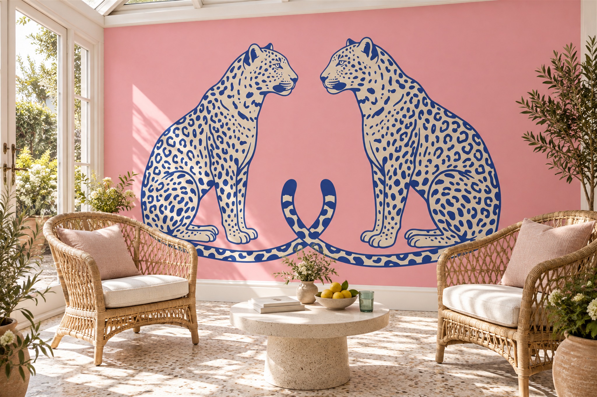 Pink Leopard Pair Wallpaper Mural — Wallpaper Mural Design, Peel-and-stick Finish