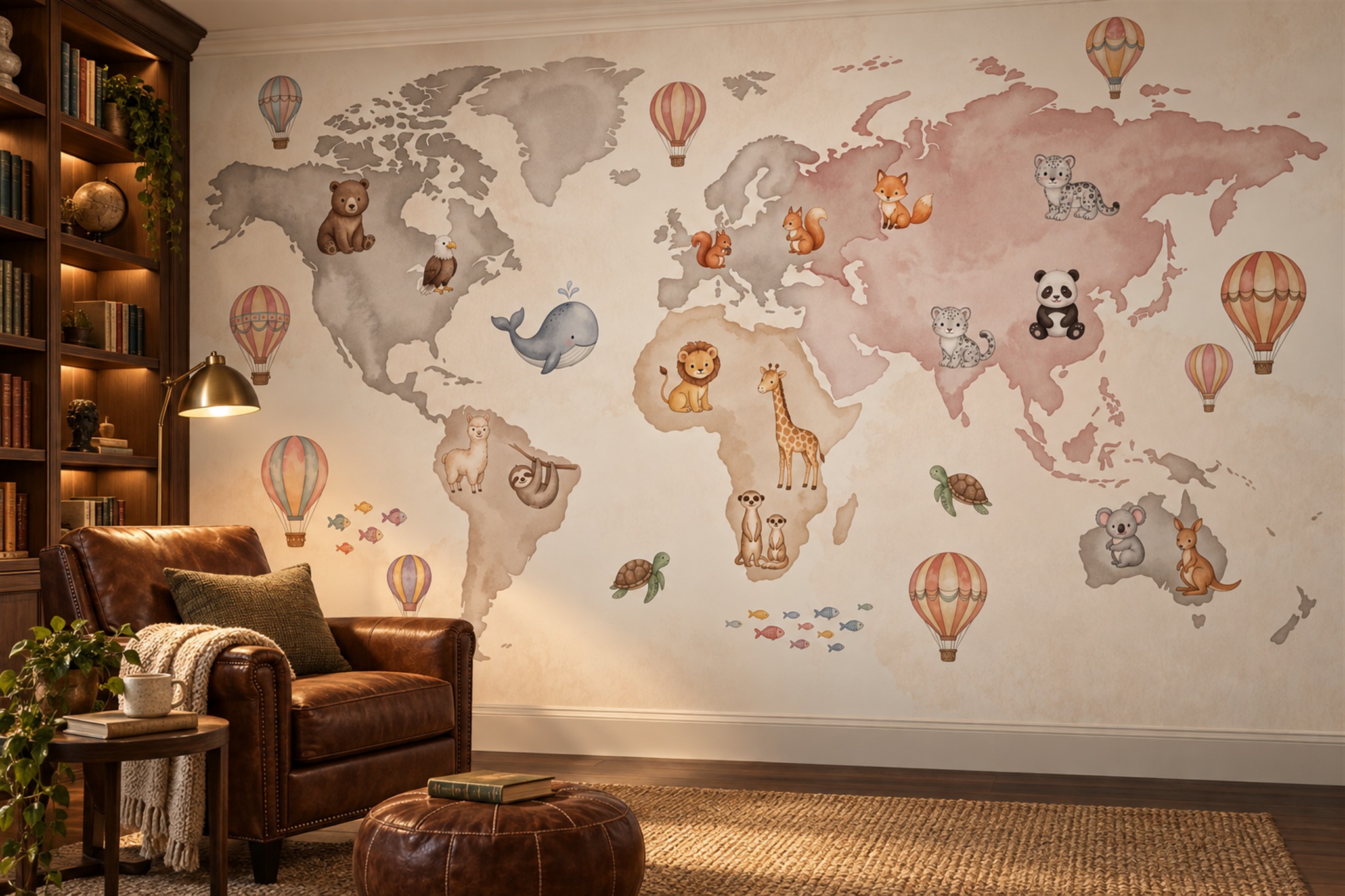 Pastel Map Artful Wallpaper Mural Living-room-wallpaper-murals, Shown In A Living Room, Peel-and-stick Finish