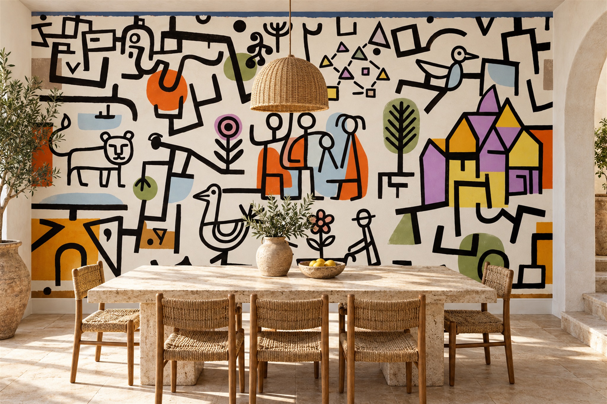 Playful People Animals And Houses Line Drawing Wallpaper Mural — Installed Wallpaper Mural In A Bedroom, Peel-and-stick Finish