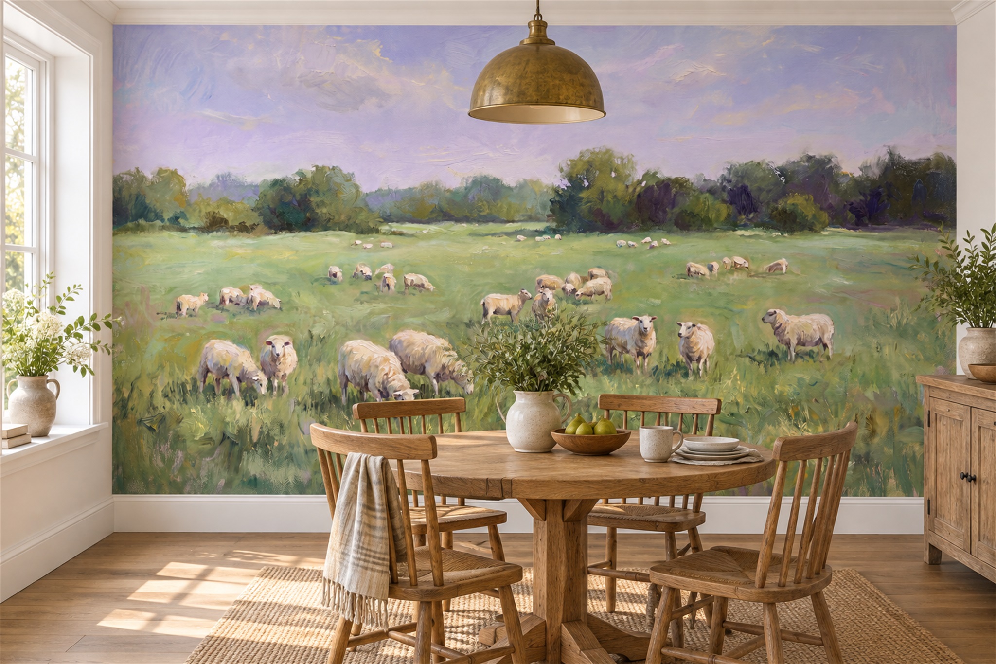Sheep Grazing In A Green Meadow Wallpaper Mural — Wallpaper Mural Design, Peel-and-stick Finish