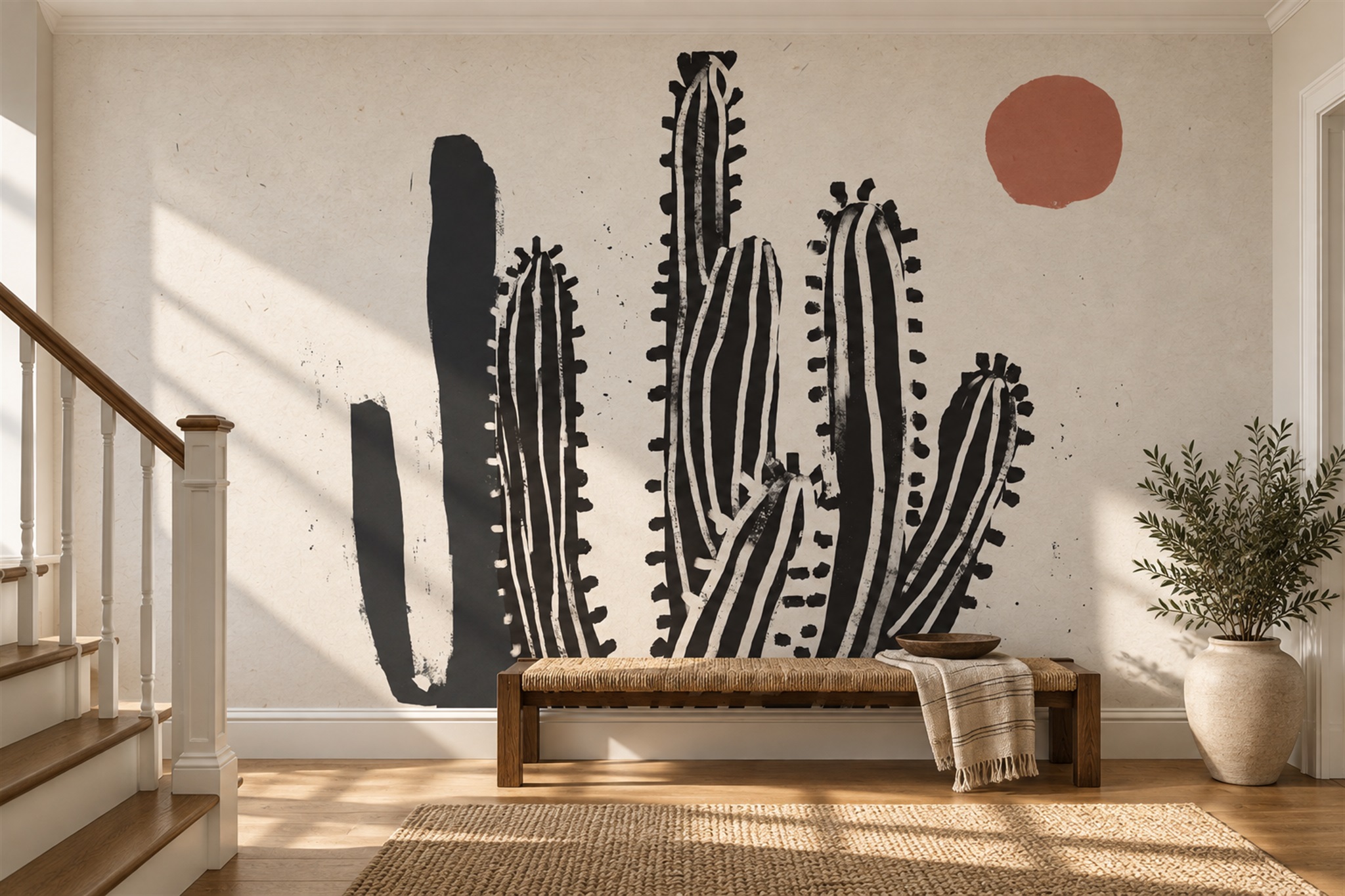 Black Cactus Artful Wallpaper Mural Bedroom-wallpaper-murals, Peel-and-stick Finish