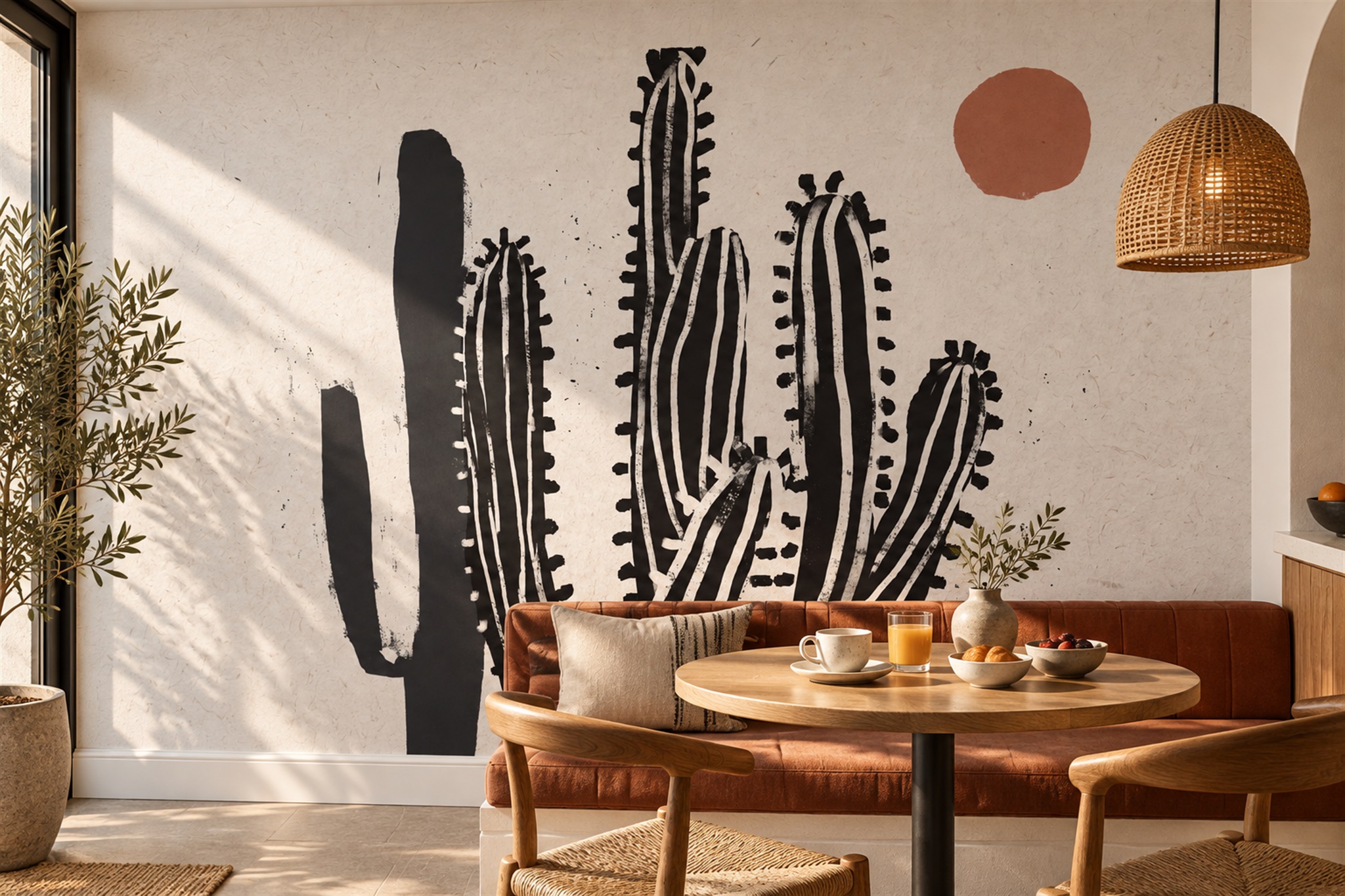 Black Cactus Artful Wallpaper Mural Dining-room-wallpaper-murals, Peel-and-stick Finish