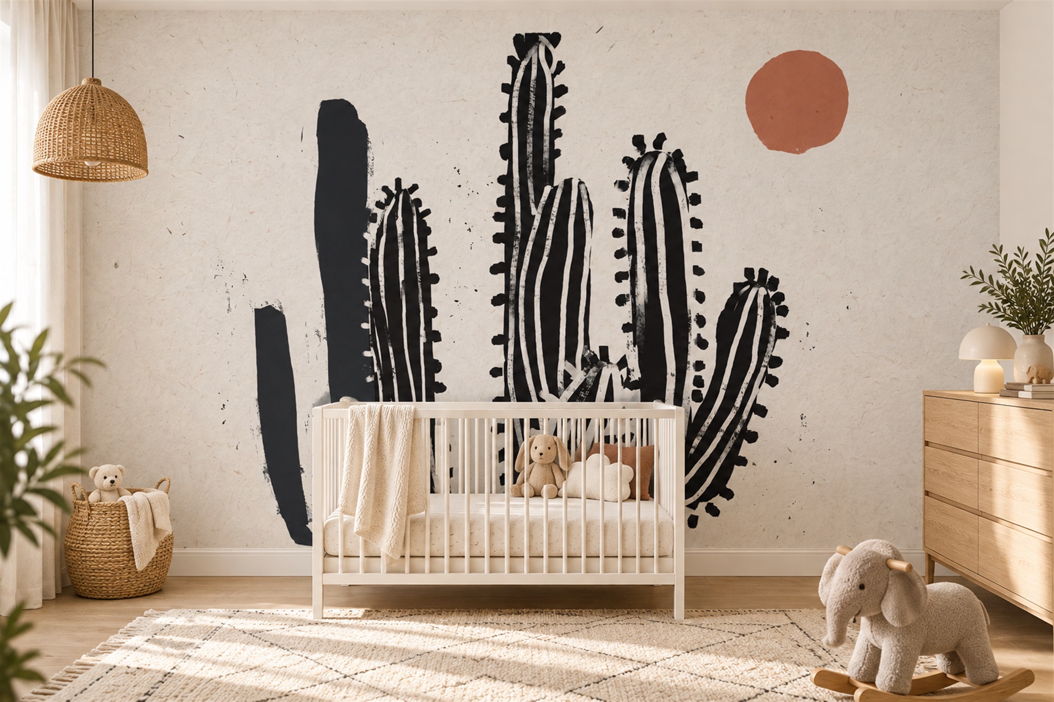 Black Cactus Artful Wallpaper Mural Accent-wall-wallpaper-murals, Peel-and-stick Finish