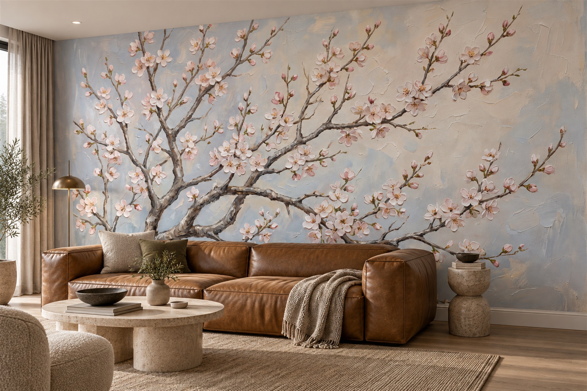 Pale Pink Blossom Branches Wallpaper Mural — Wallpaper Mural Design, Peel-and-stick Finish