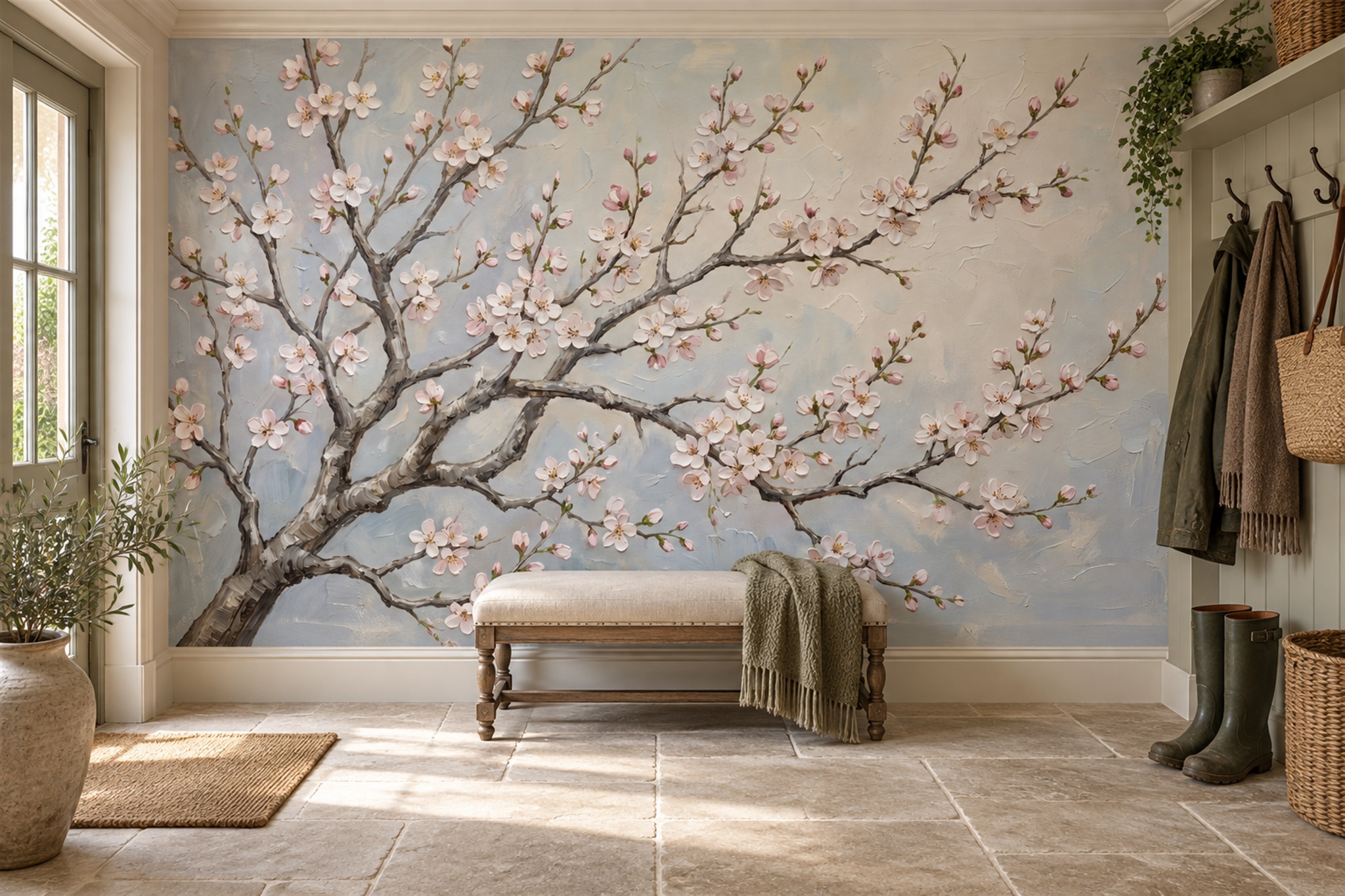 Grey Pattern Decorative Blossom Wallpaper Mural Dining-room-wallpaper-murals, Shown In A Dining Room, Peel-and-stick Finish