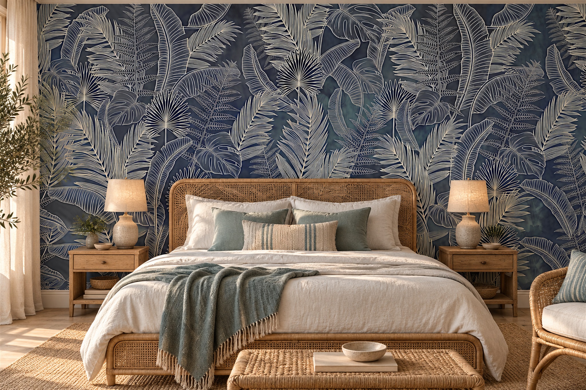 White Line Tropical Leaves On Navy Wallpaper Mural — Installed Wallpaper Mural In A Bedroom, Peel-and-stick Finish
