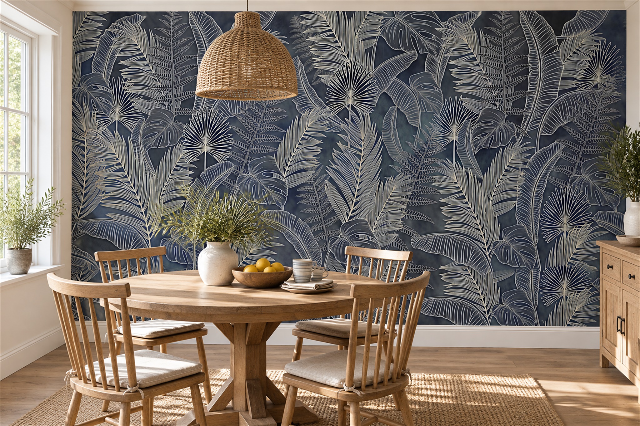 Navy Leaf Botanical Wallpaper Mural Living-room-wallpaper-murals, Shown In A Living Room, Peel-and-stick Finish