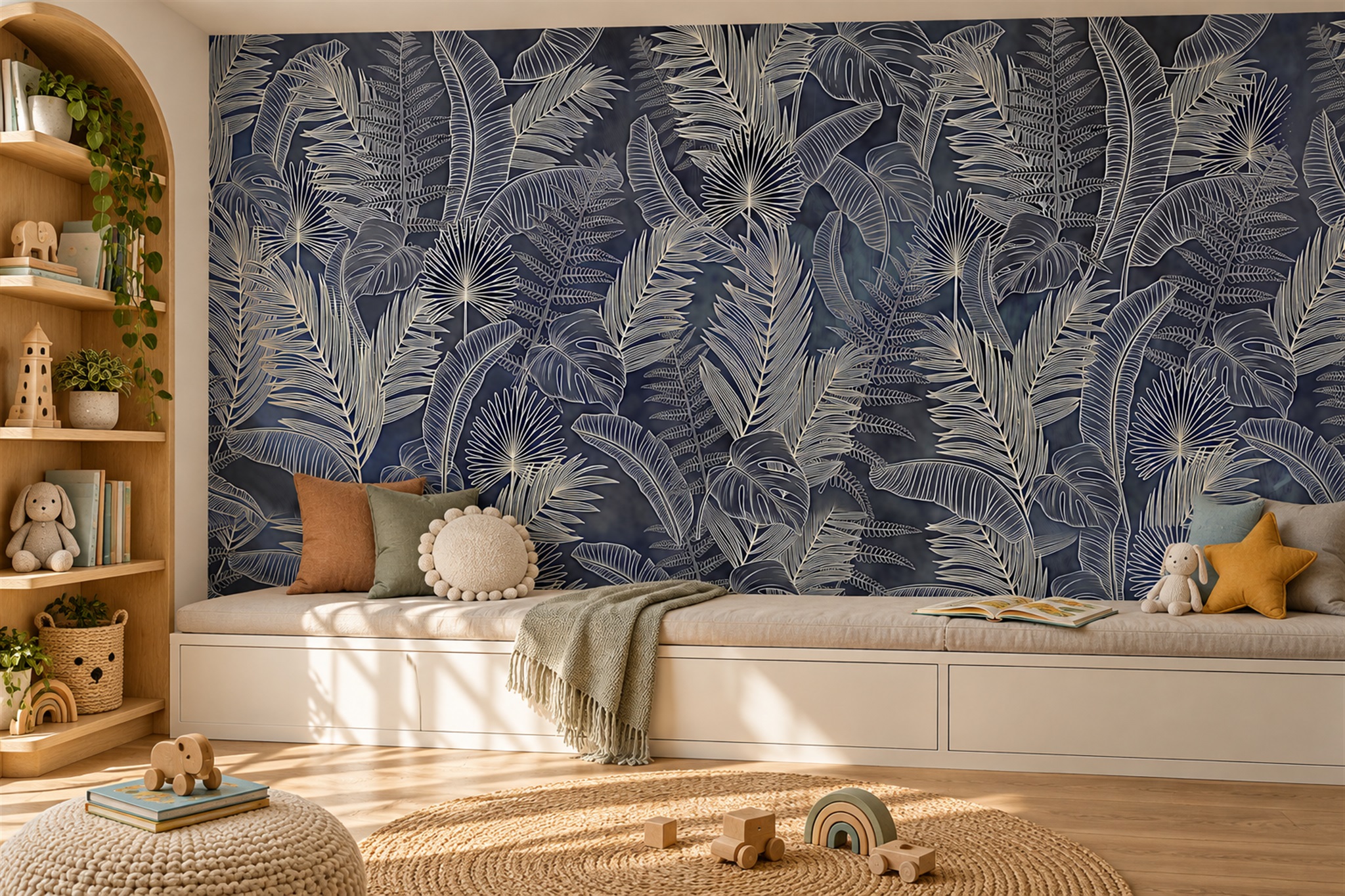 Navy Leaf Botanical Wallpaper Mural Home-office-wallpaper-murals, Shown In A Home Office, Peel-and-stick Finish
