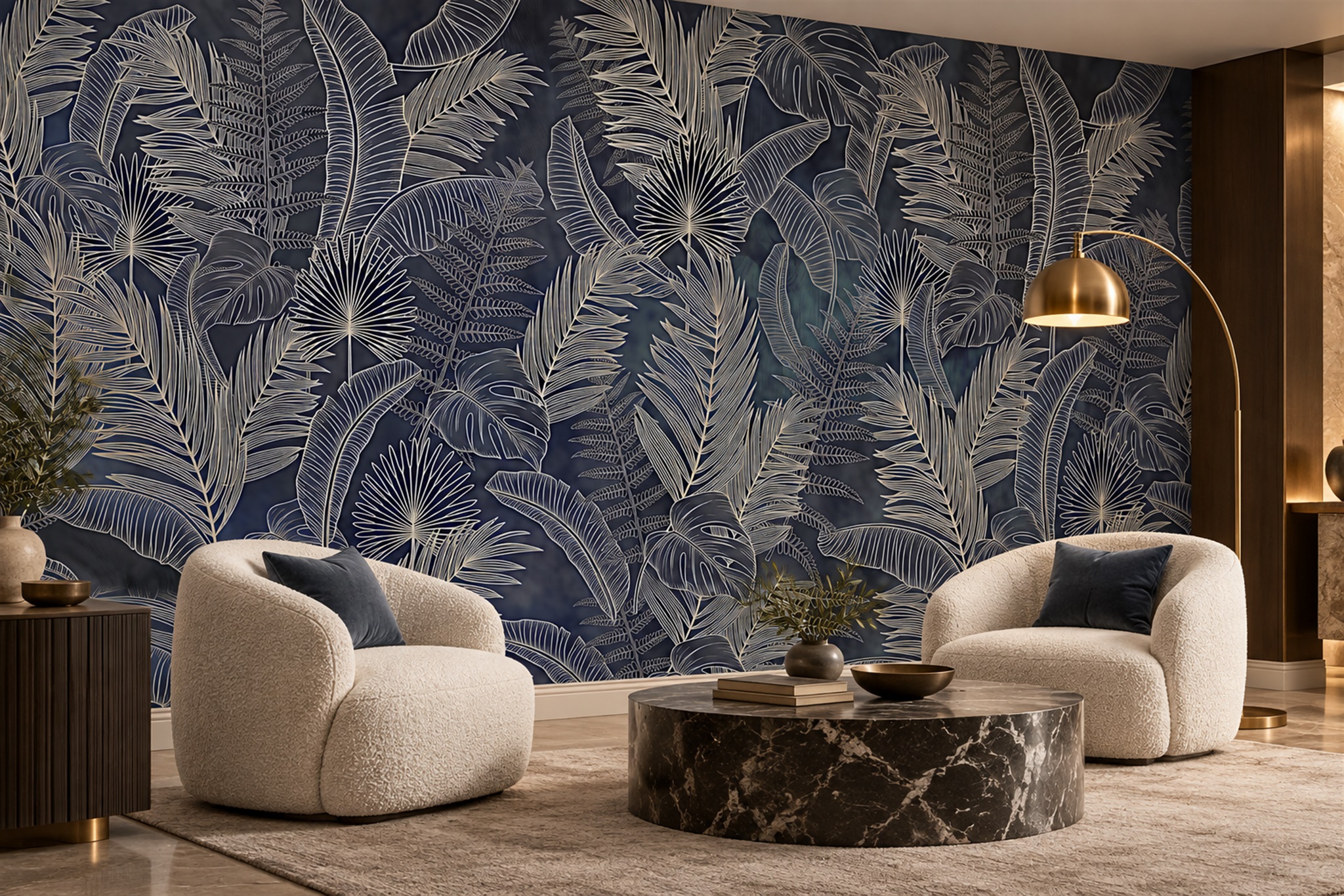 Navy Leaf Botanical Wallpaper Mural Bedroom-wallpaper-murals, Peel-and-stick Finish