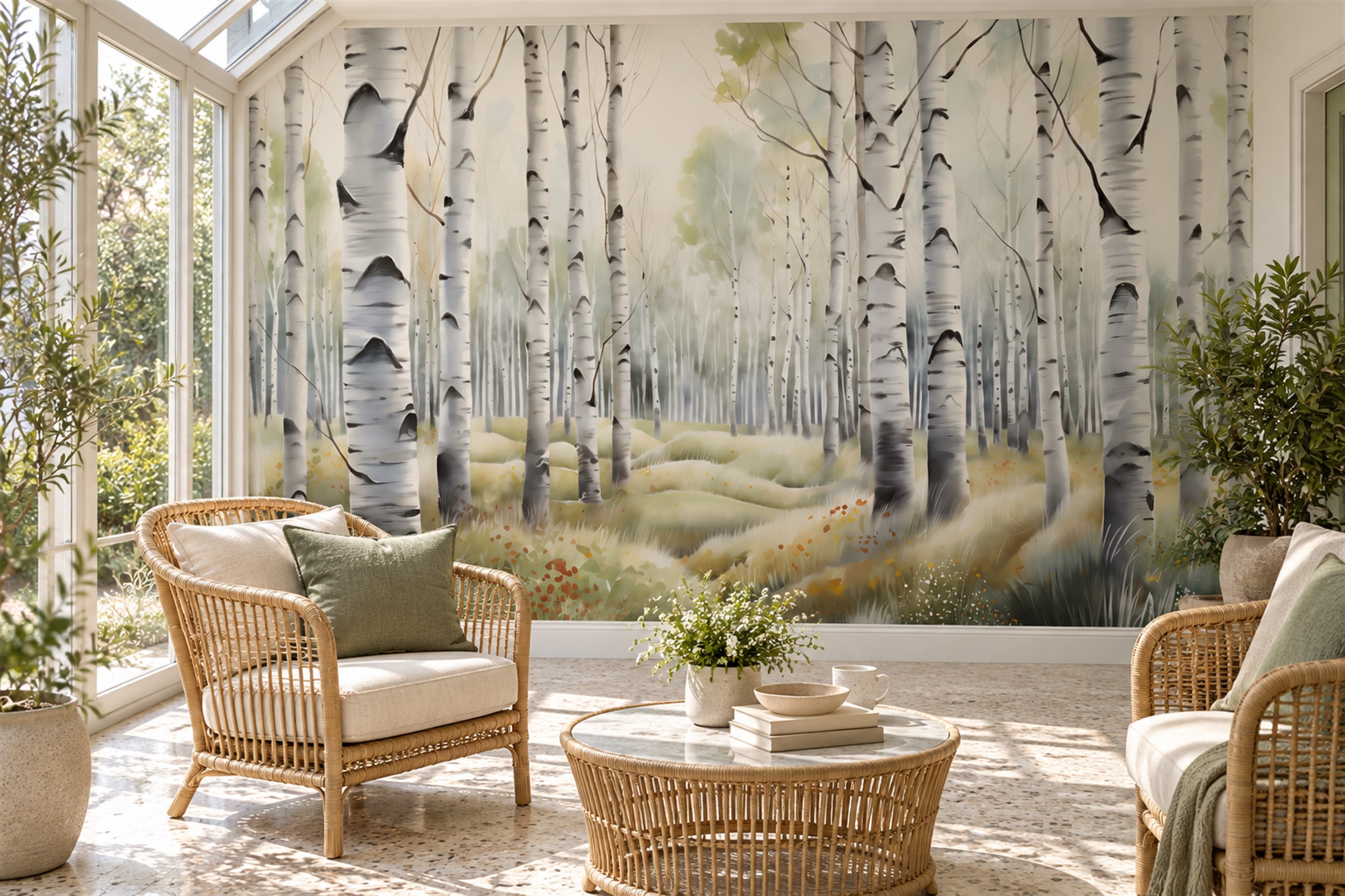 White Birch Forest In Mist Wallpaper Mural — Wallpaper Mural Design, Peel-and-stick Finish